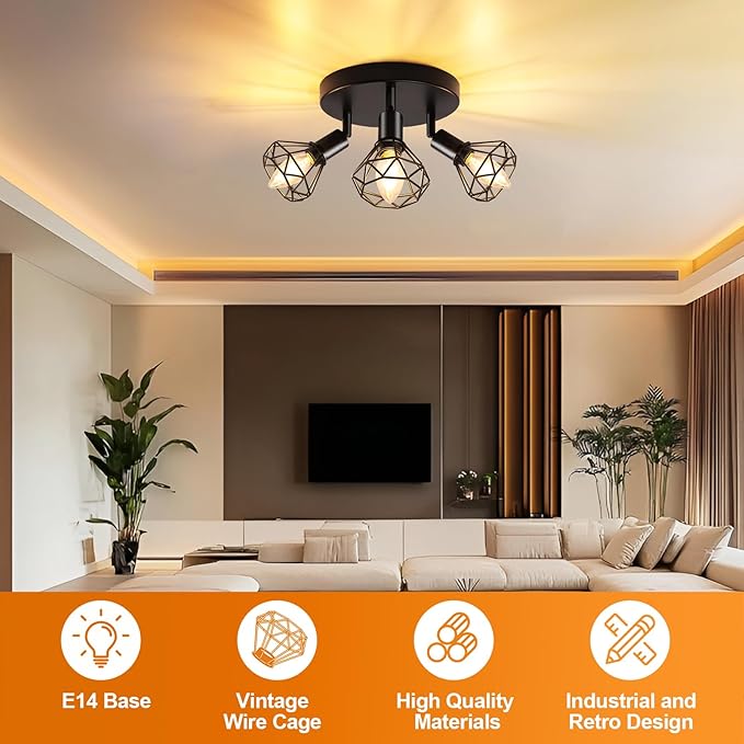 GeyouLux Industriële plafondlamp, spots, met fitting E14, plafondspots, plafondlamp, 3 ledspots, draaibaar, voor binnen, keuken, slaapkamer, woonkamer, hal, galerij, max. 30 W (zonder lamp) photo 3