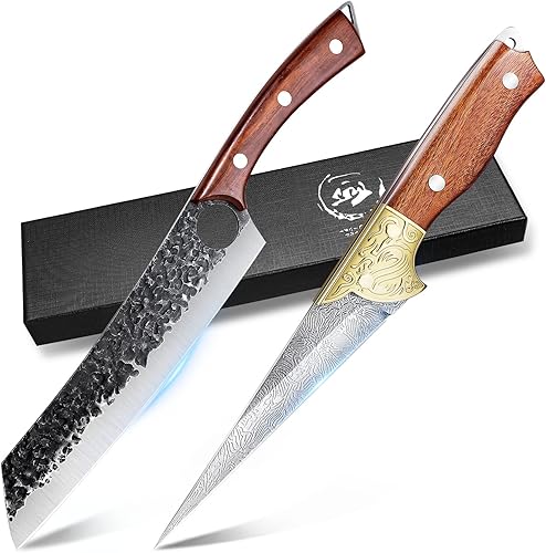 Purple Dragon Cuchillo para cortar verduras de espiga completa de 8.5 pulgadas con cuchillo de filete de pescado de 5 pulgadas, idea de regalo