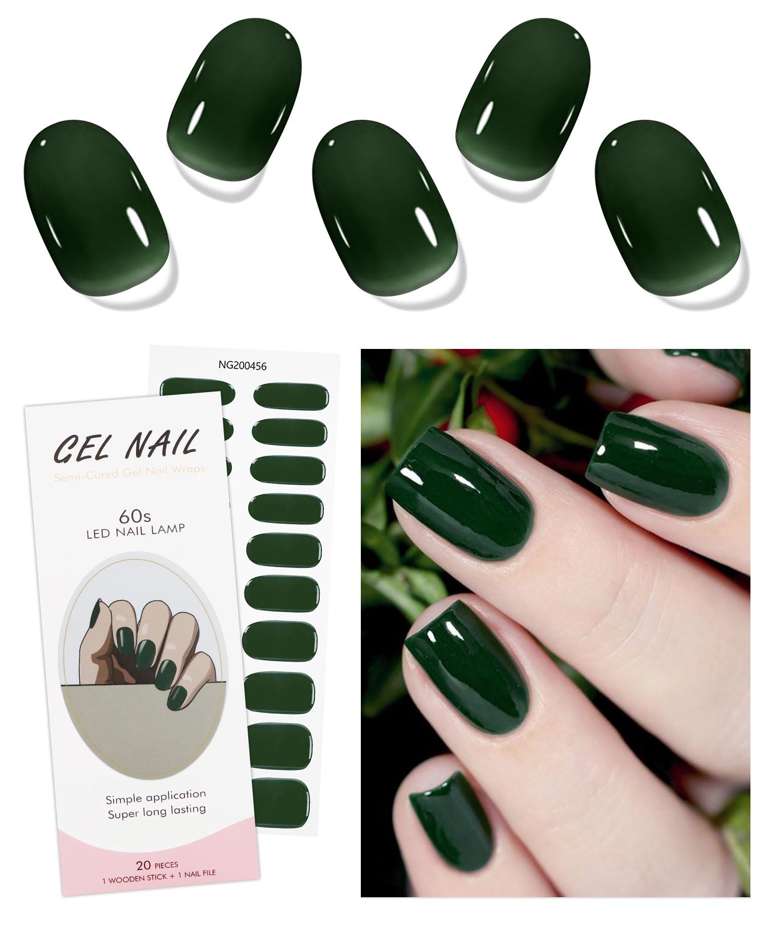 JMEOWIO Gel Nail Stickers Dark Green Semi Cured Gel Nail Strips Wraps UV/LED Nails Art Design Decoration Accessories