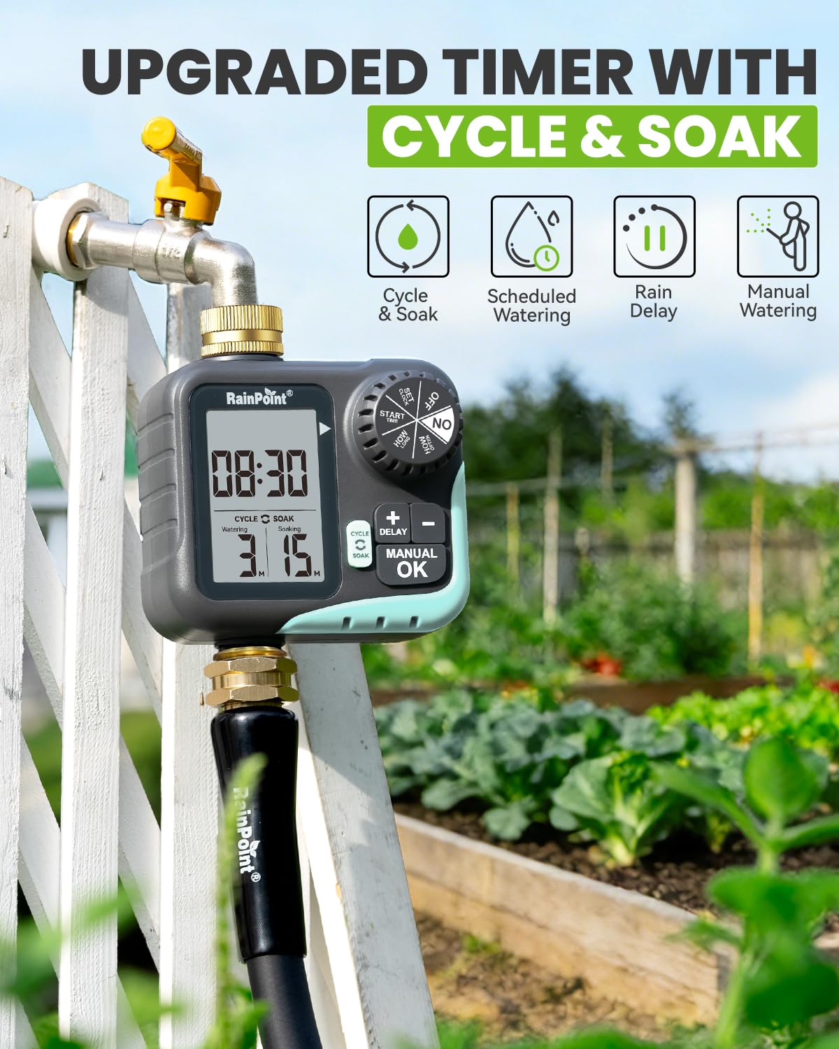 RAINPOINT Timer irrigatore per tubo da giardino, timer per tubo flessibile con ciclo e ammollo/ritardo pioggia/irrigazione automatica/irrigazione manuale, sistema di irrigazione programmabile con