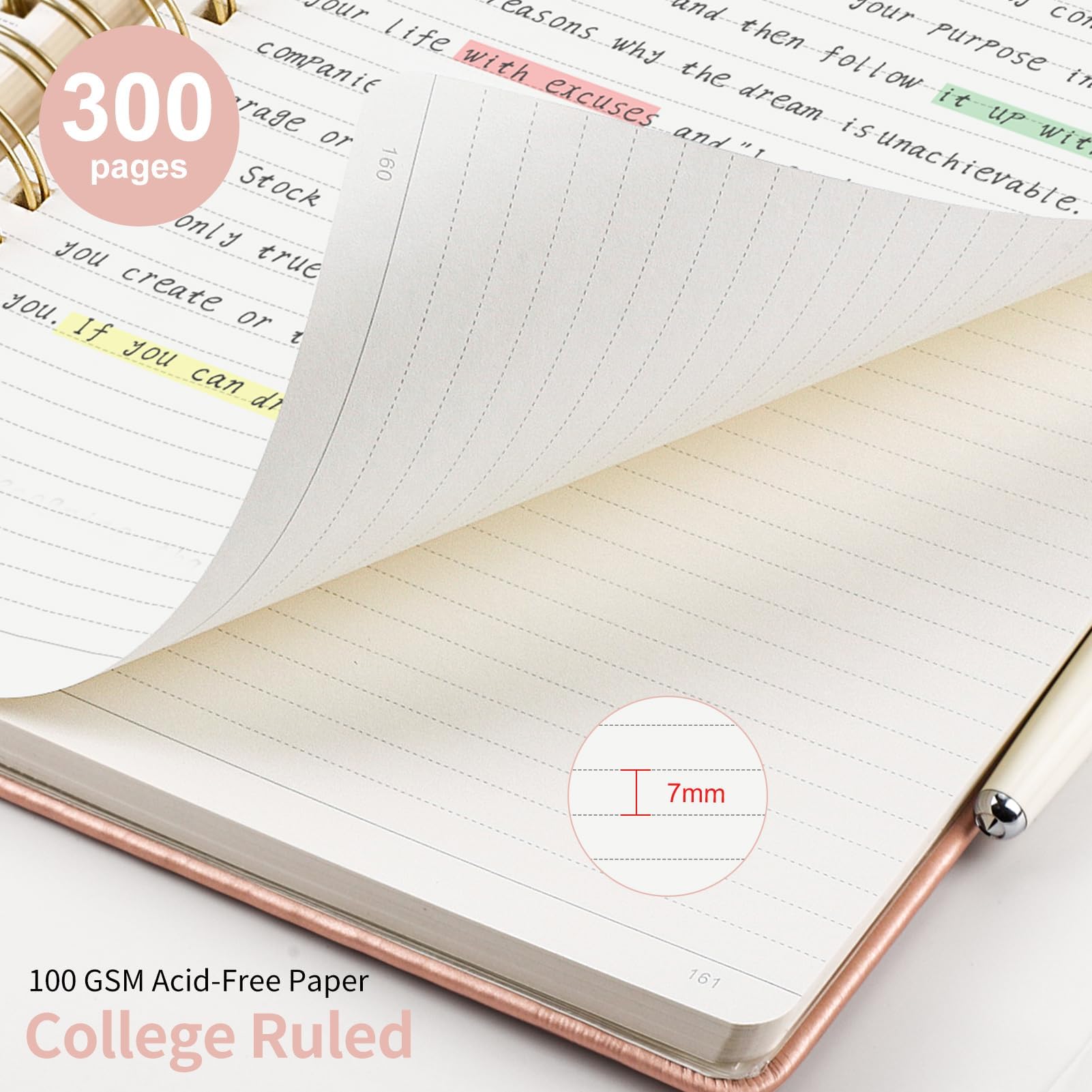 EMSHOI Carnet ligné à spirales, 300 pages numérotées, A4 (20,8 x 28,4 cm) | Papier épais ligné en cuir de 100 g/m² pour l'école, l'écriture, le travail, le bureau et le journal (or rose)
