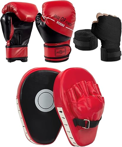 Juego de guantes de boxeo y guantes de boxeo 3 en 1 para niños, guantes de boxeo deportivos con envolturas de mano, equipo de boxeo para niños para