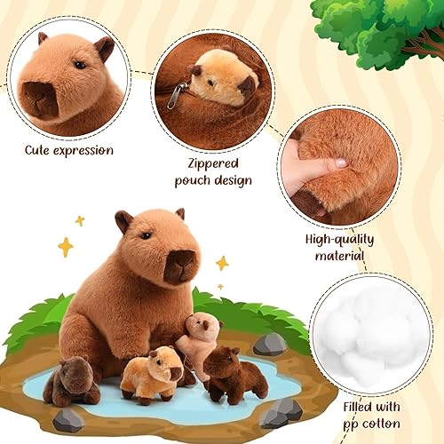 Miniatura 3 de Juego de 5 peluches Capybara de Capybara, regalo para niños y mamás, con 4 lindos bebés en el interior, peluches suaves para niños y niñas,