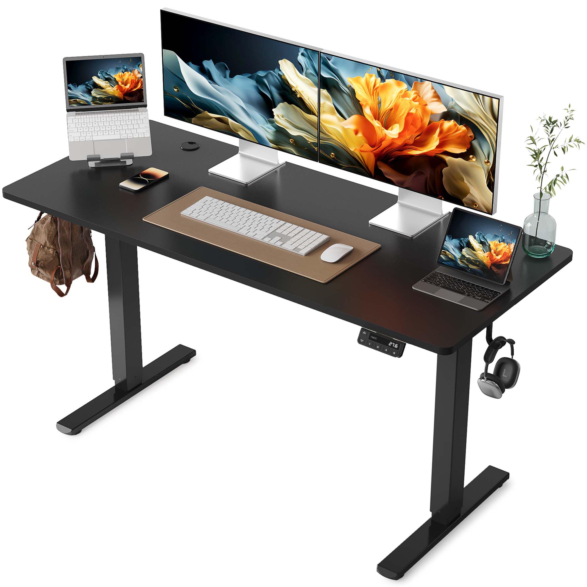 Photo 1 of YIHAYO Electric Standing Desk, 55 x 24 Inches Stand Up Desk with Splice Board, Adjustable Height Desk, Computer Desk for Home Office, Black Frame/Black Top