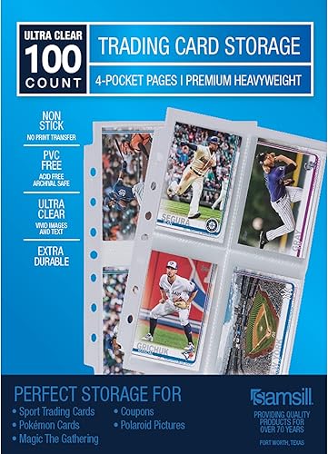Samsill Paquete de 100 protectores de 4 bolsillos para tarjetas intercambiables, se adapta a carpetas de 3 anillas, 400 bolsillos laterales de