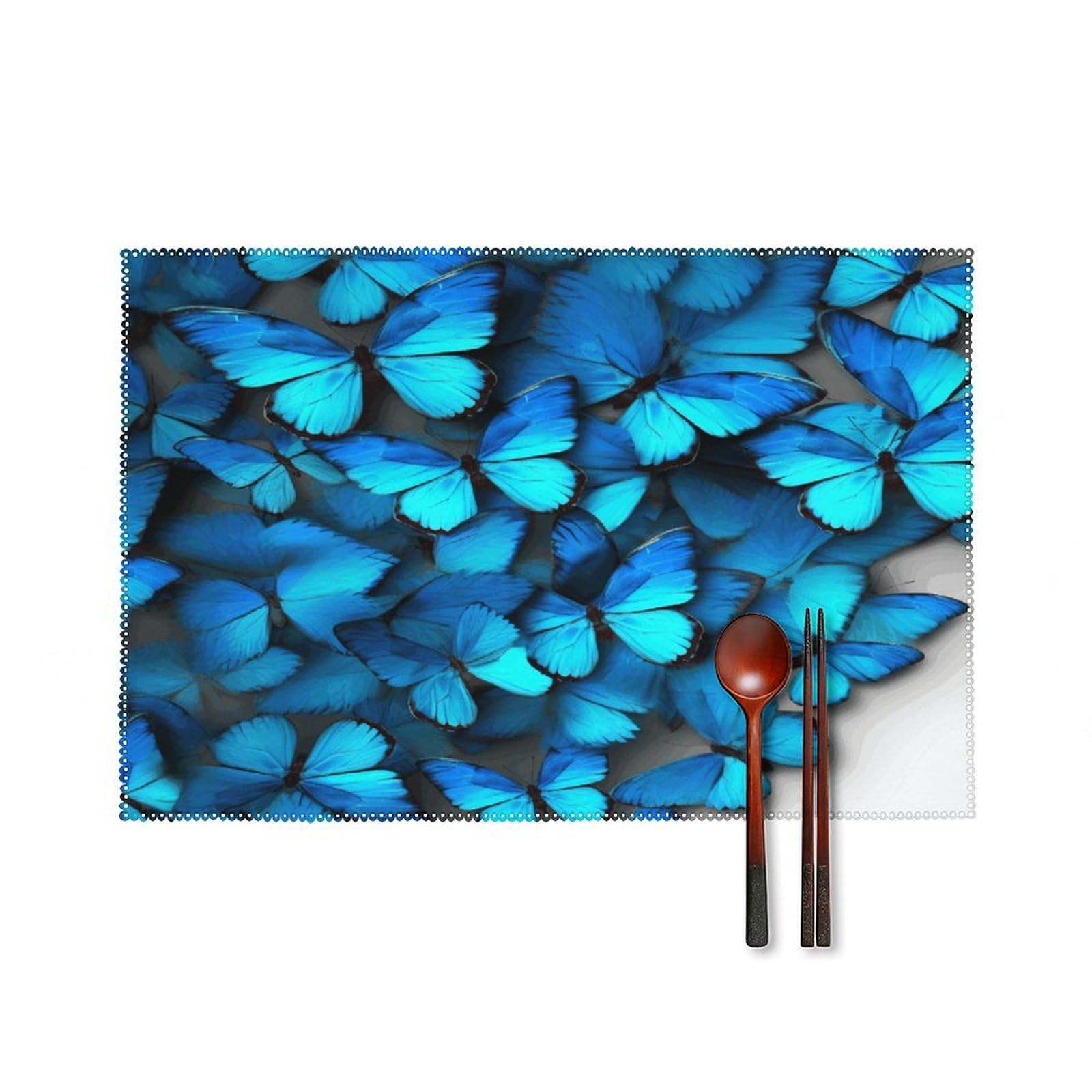 Many Blue Butterfly Placemats Set of 4 Heat Resistant Non-Slip Place Mats for Dining Table Washable Placemat Wipeable Dining Table Mat Canvas Place Mats Dining Table Decor