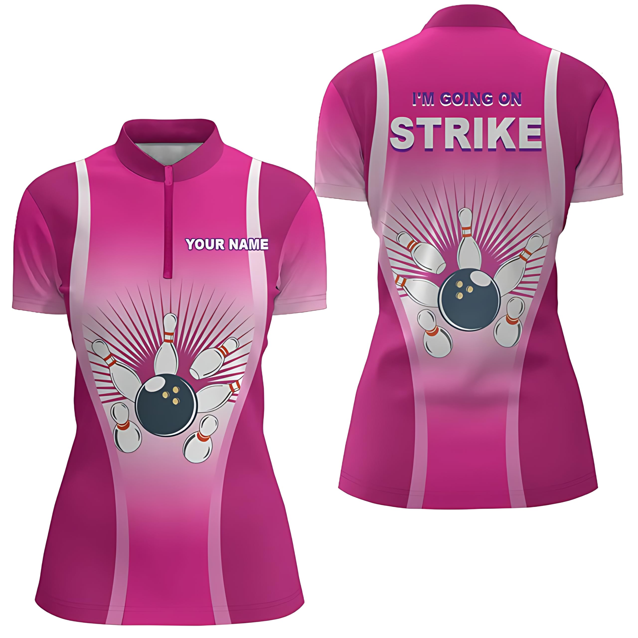 Personalized Bowling Shirt for Women Quarter Zip Pink Strike Short Sleeve N105