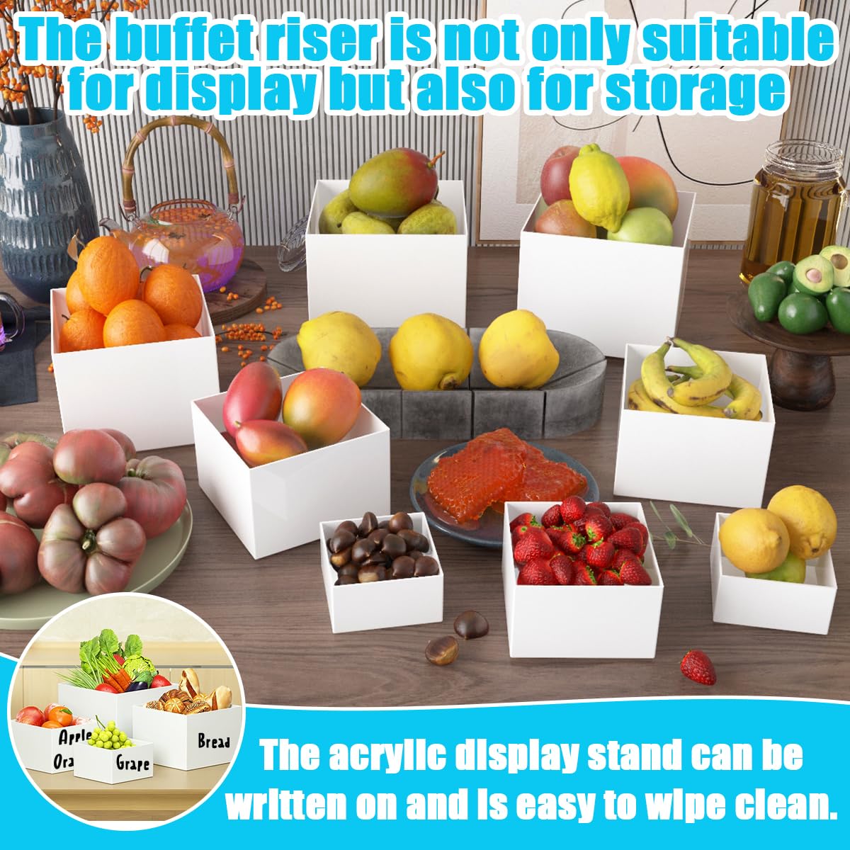 Lot de 6 rehausseurs de buffet, 3 x 4 x 5 x 6 x 7 x 8 pouces, blanc, acrylique, avec 6 mini panneaux de buffet, présentoir de table à dessert avec fonds creux, supports empilables