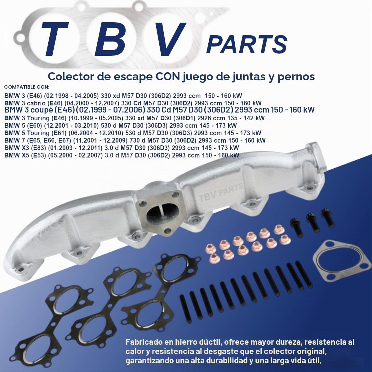 Colector De Escape 11622248166 Mas Juego De Juntas 18407788422 Hecho De Hierro Dúctil 11627788422 Compatible Para E60 E61 E65 X5 3.0d 2.5d M57 M57N 325d 330d 525d