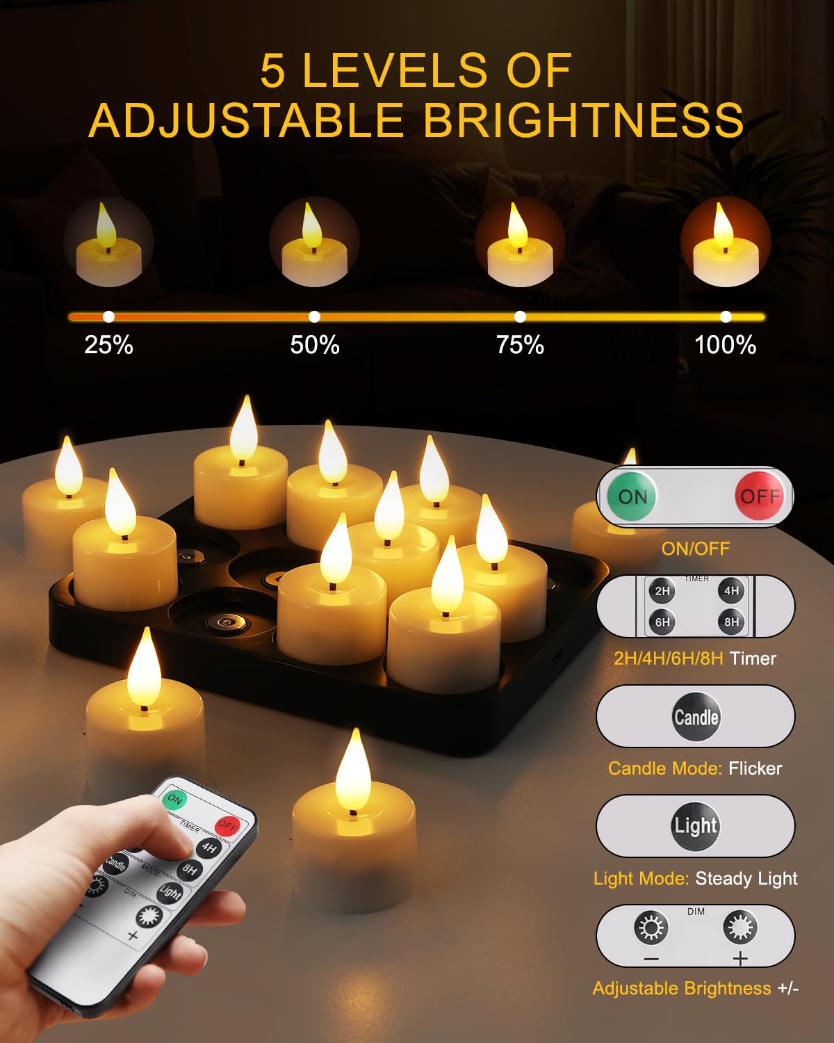 Candele Led Ricaricabili con Stazione di Ricarica Magnetica, Set di 12 Candele LED Tremolanti con Timer e 2 Telecomandi, Ideali per Natale, Halloween, Decorazioni da Tavola, Feste