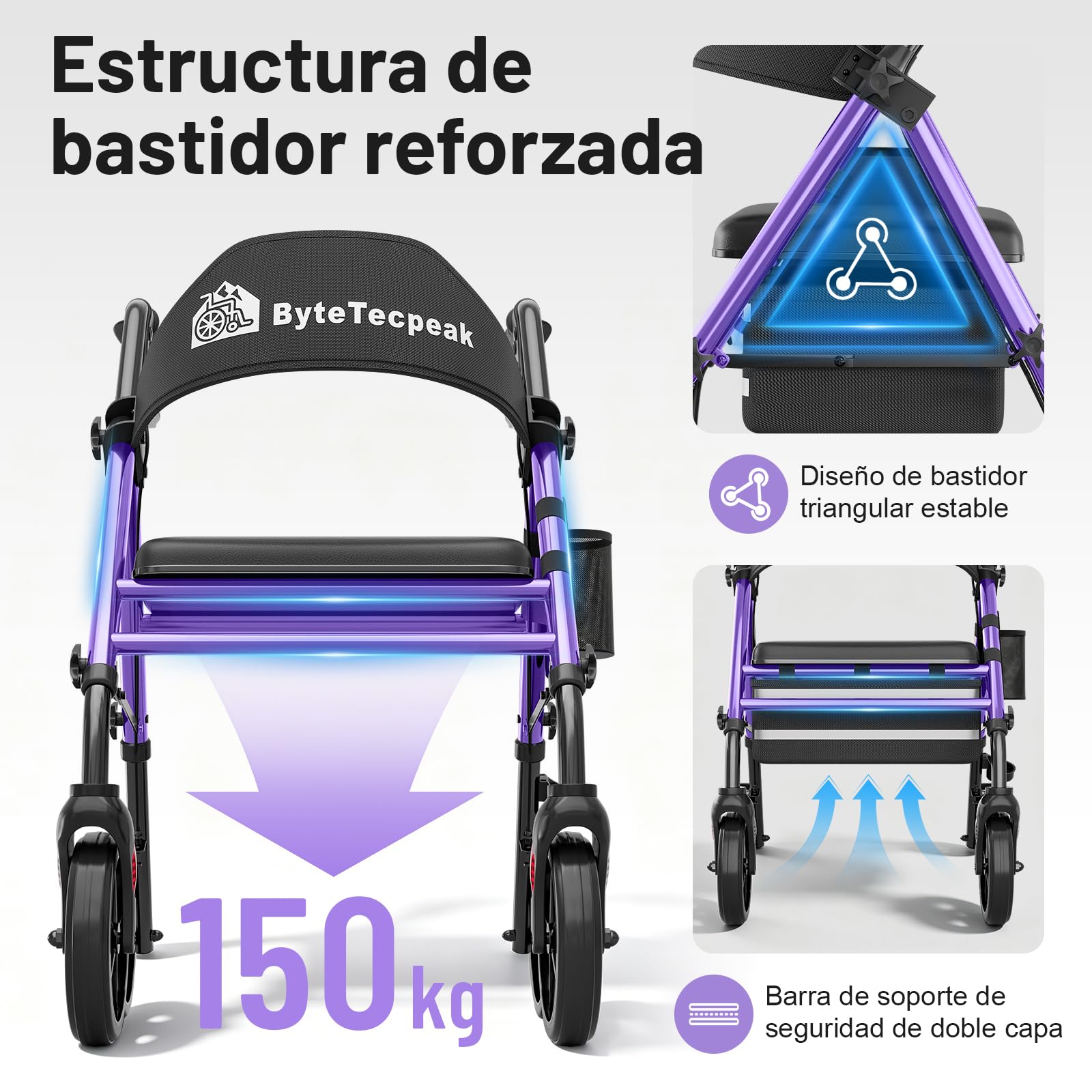 R4 Andador plegable para ancianos, andadores adultos, altura ajustable en 5 niveles en asiento y manillar, caminadores de 4 ruedas con freno, bolsa de almacenamiento, carga máxima 100KG (Morado)