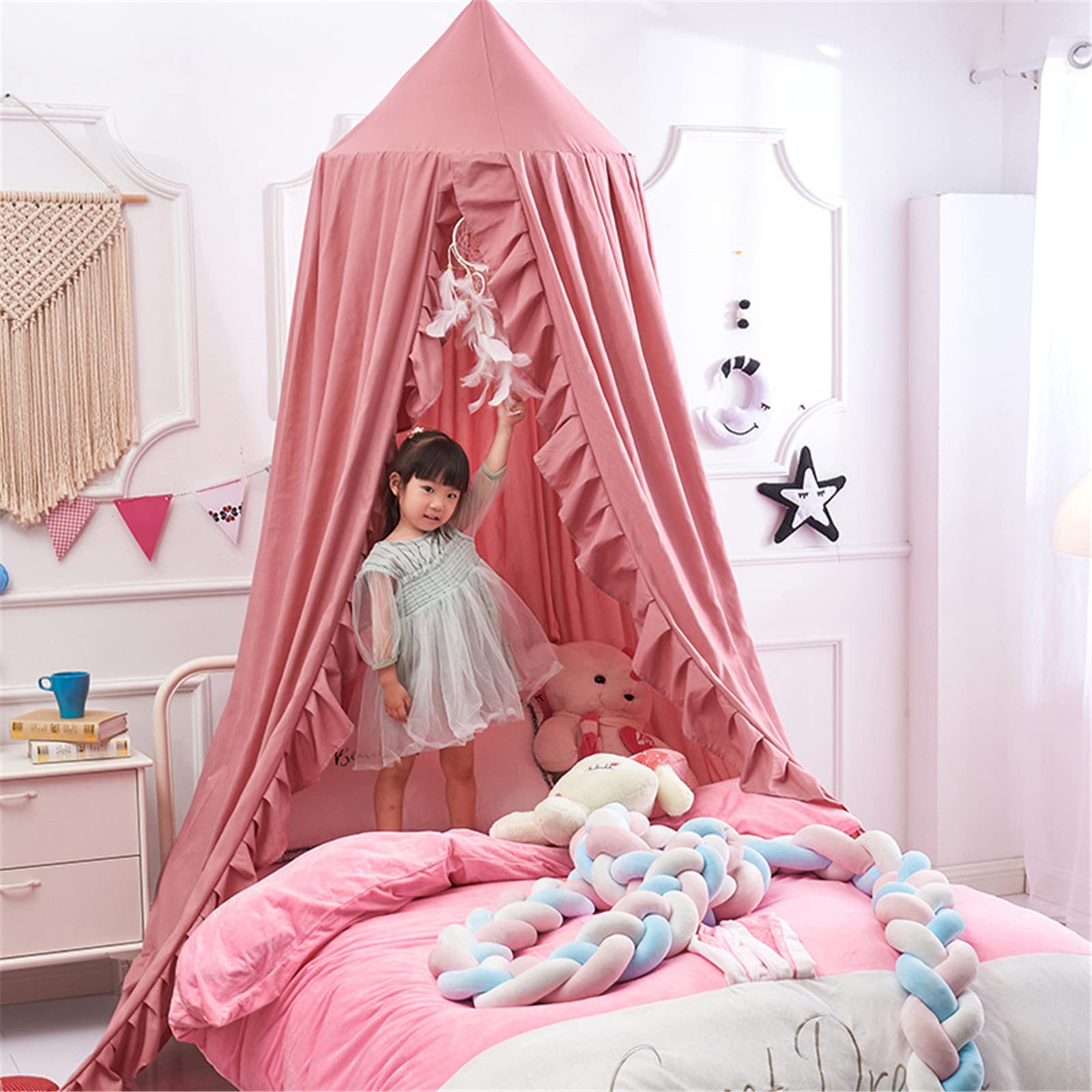 Betthimmel für Kinder, Baby Baldachin Hängen Moskitonetz Bett Vorhang Kinder Prinzessin Spielen Zelte für Kinderzimmer und Schlafzimmer (Bohnenpaste Pulver)