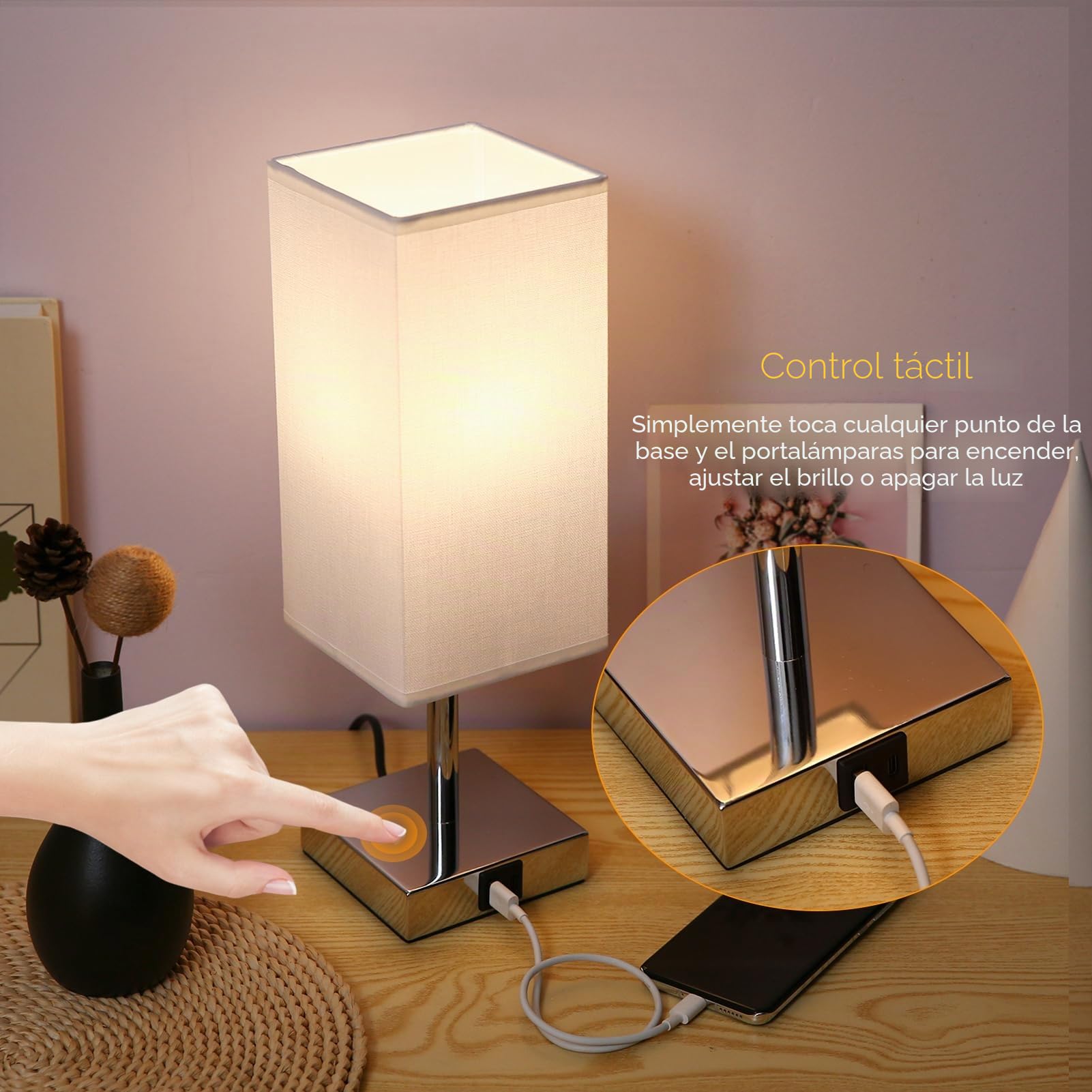 Jemora 2 Paquetes de lámpara de mesita de Noche de Tela con Bombilla LED Blanca cálida, luz de Escritorio, Control táctil, Puertos de Carga USB A Tipo C, 3 Niveles Regulables para Sala de Estar,