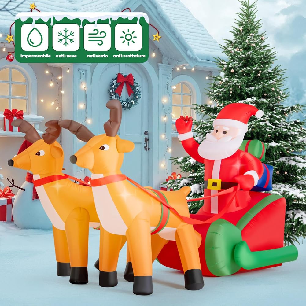 BAKAJI Babbo Natale Gonfiabile su Slitta con 2 Renne, Decorazione Natalizia Autogonfiabile, Lunghezza 240 cm con Kit di Fissaggio per Esterno, Illuminazione LED con Protezione IP44, Addobbo Natalizio