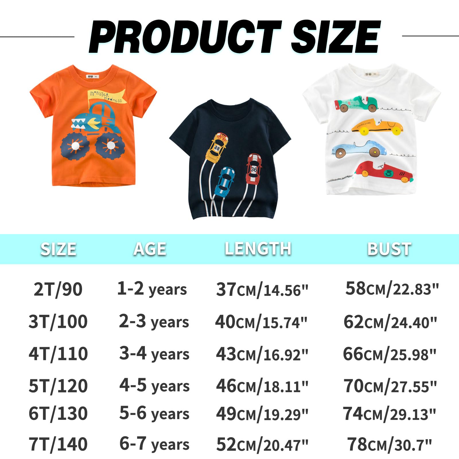 Tee Shirt Enfant Garçon T-Shirts à Manches Courtes Vetement Bébé Garçon 3 Pièces Coton Imprimé Cartoon Col Rond Été Top pour 2-7 Ans
