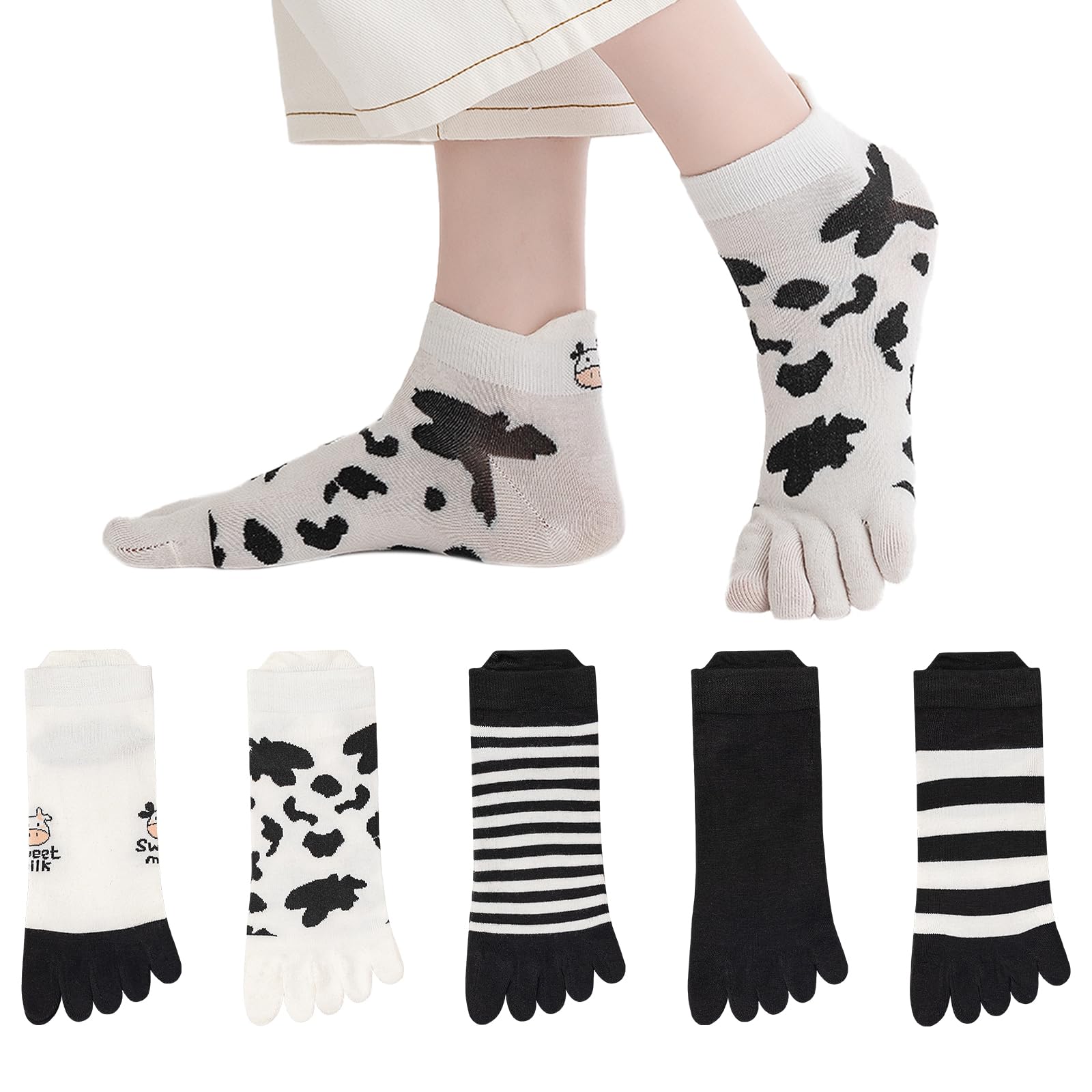 Sunolkie Cow Print Toe Socks for Women - 5-Pack Cotton Five Finger Ankle Socks With Cute Cow Embroidery, Comfortable and Breathable Striped Athletic for Running, Yoga, and Daily Wear