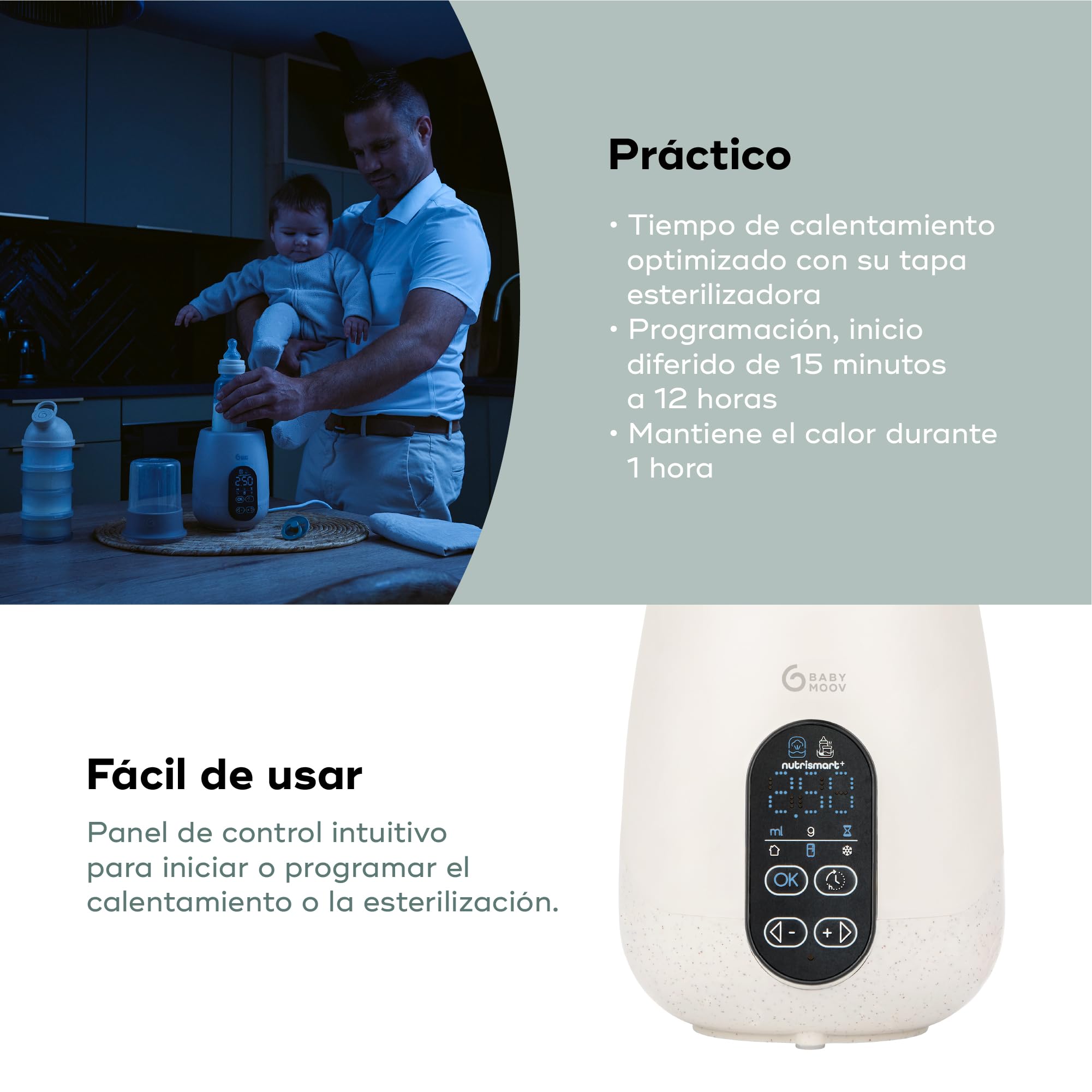 Babymoov Calentabiberones y esterilizador NutriSmart(+) - Portátil - Casa y coche - Adaptador, cesta y tapa incluidos - Calentamiento programable - Función de mantenimiento del calor durante 1 hora
