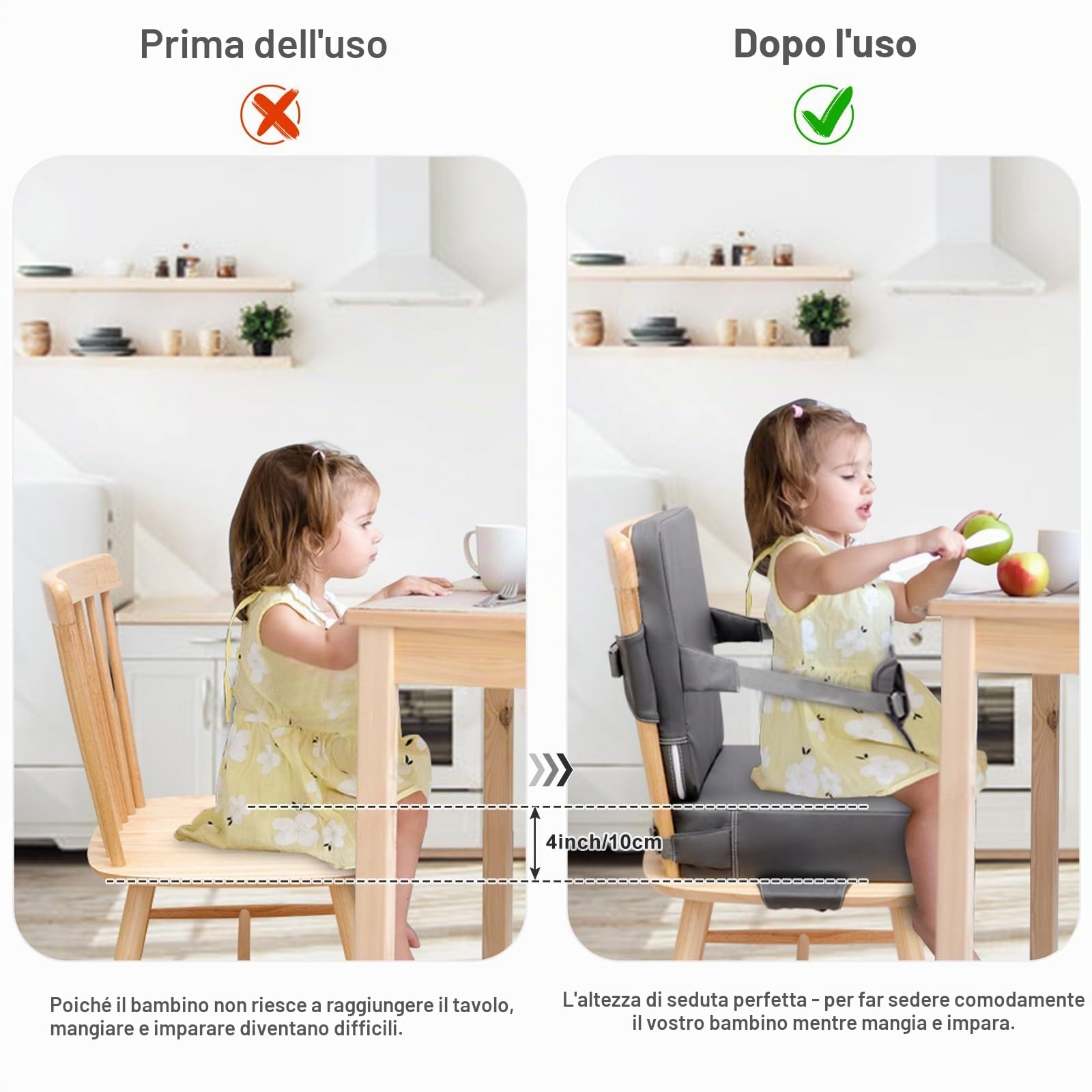 Rialzo Sedia Bambini Da Tavolo Riduttore Portatile Alzasedia Per Bambini Alzatina Sedia Cuscino con Schienale E Cinghie Regolabili (Grigio Scuro)