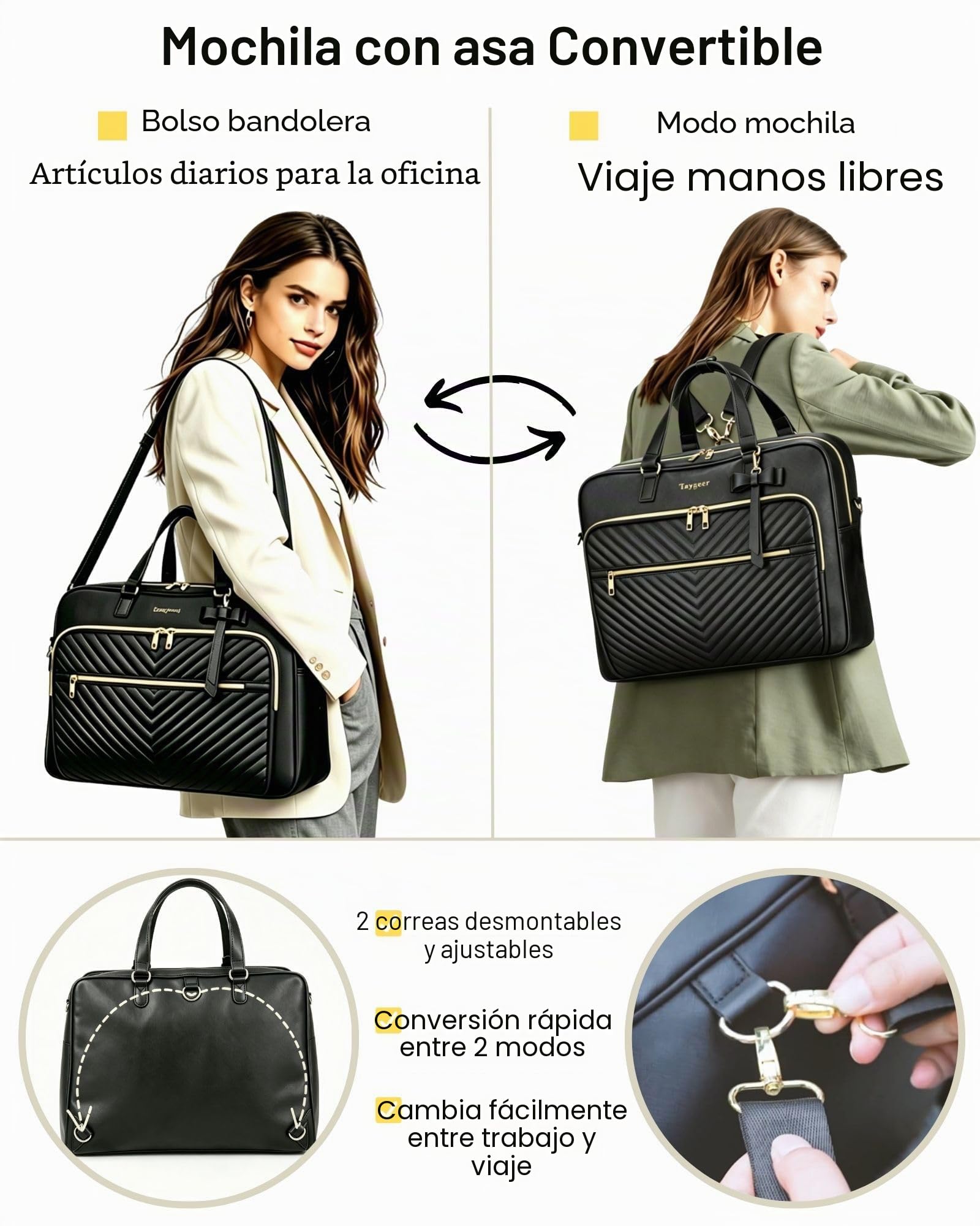 Taygeer Bolso Portatil Mujer, Maletin Portatil 17 Pulgadas PU Multifuncional Bolso Universidad Mujer Grande Funciona Como Mochila Casual Impermeable para Trabajo Viajar, Negro