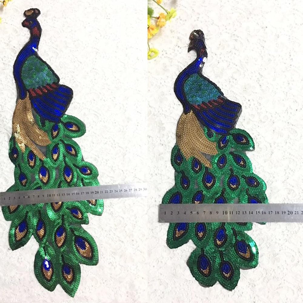 6Pcs Handmade Beaded Patches, Peacock Sew On Rhinestone Applique