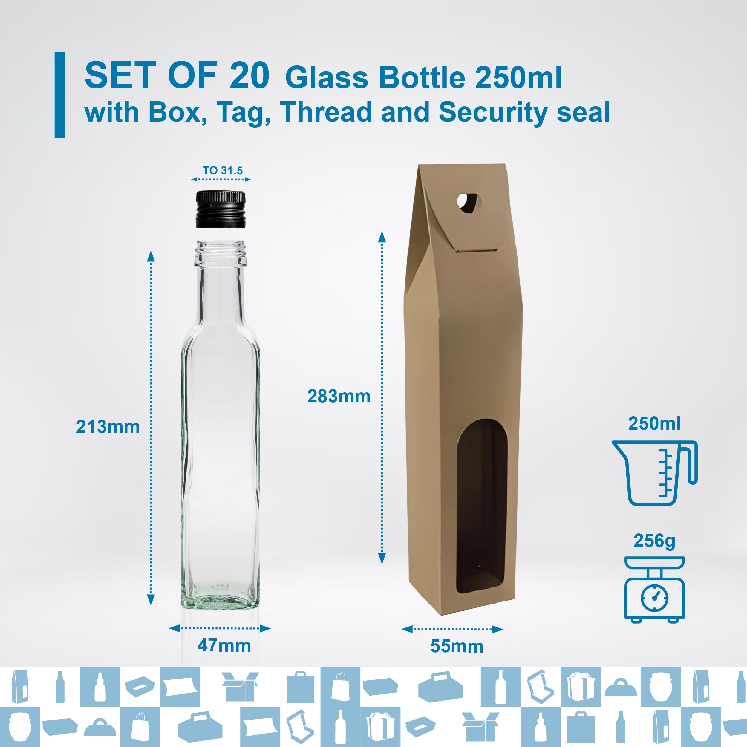 Espirito Rebelde 20 Bottiglie in Vetro 250ml con Tappo a Vite Nero + 20 Scatole + 20 Sigilli + 20 Etichette Kraft + Corda | Olio d'Oliva, Aceto, Alcool, Salse | Oliera in Vetro