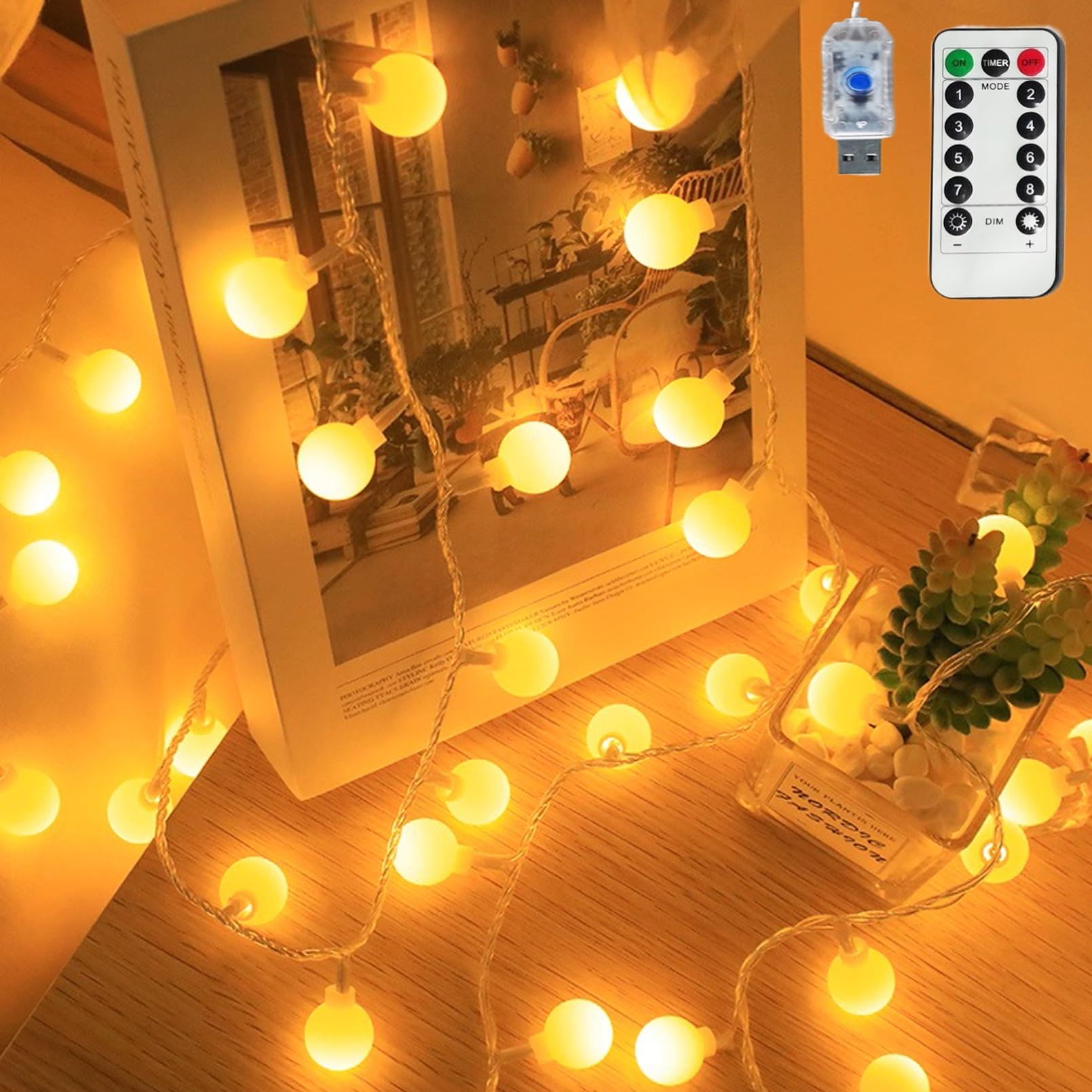 FATONESA Globe String Lights, 32.8 FT 80 LED USB Powered Waterproof Timer 8 Modes Fairy String Lights with Remote for Bedroom Christmas Party Patio