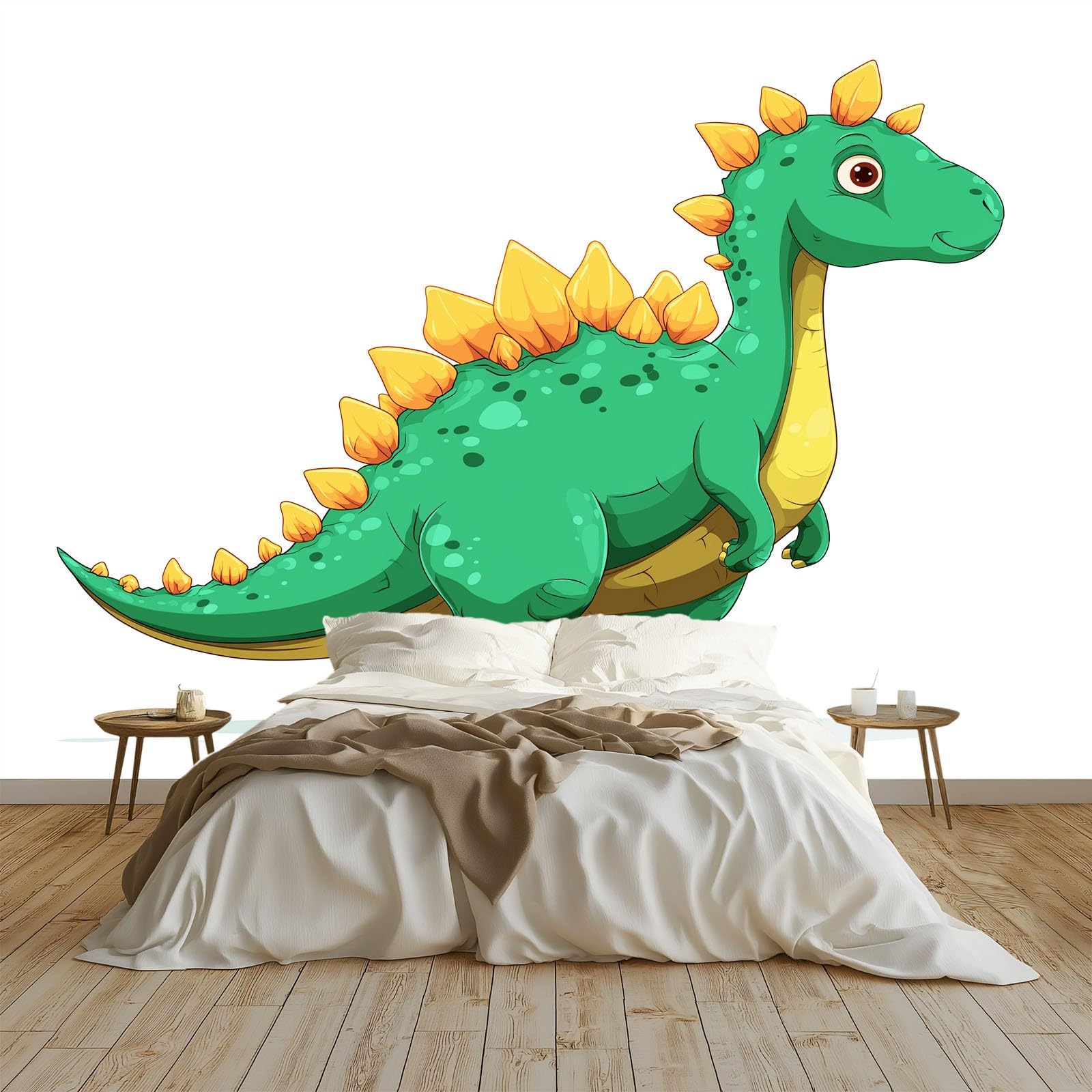 Urocza biała tapeta 3D panoramiczna kreskówka zwierzęta dinozaur stegozaur - fresk ścienny z włókniny do sypialni i pokoju dziecięcego, dekoracja ścienna do domu (200 x 140 cm)