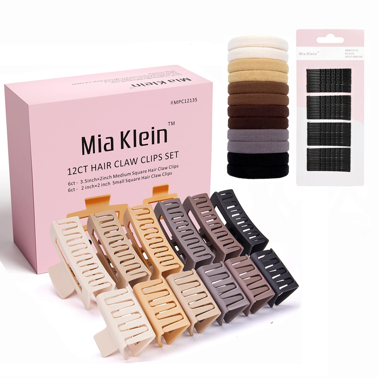 Mia Klein Hair Clips Set For Women Styling | 12Pcs Non-Slip Matte Claw Clips (3.5"/2") + 60Pcs Bobby Pins + 12Pcs Thick Hair Ties | All-in-One Set for