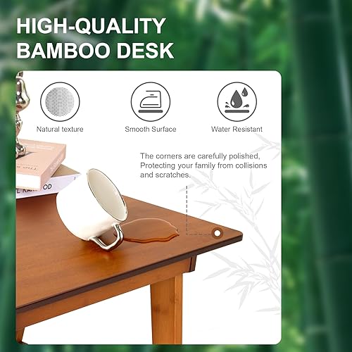 Miniatura 5 de Nnewvante Escritorio, mesa de bambú con 2 cajones, muebles simples y modernos para el hogar, oficina, computadora, escritura, estudio, maquillaje y