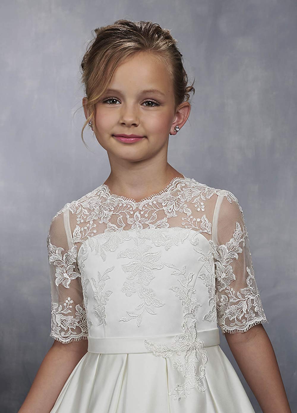 Abito da Prima Comunione da bambina, a mezza manica, in raso di pizzo, formale, bianco, con fiori, per matrimonio in chiesa