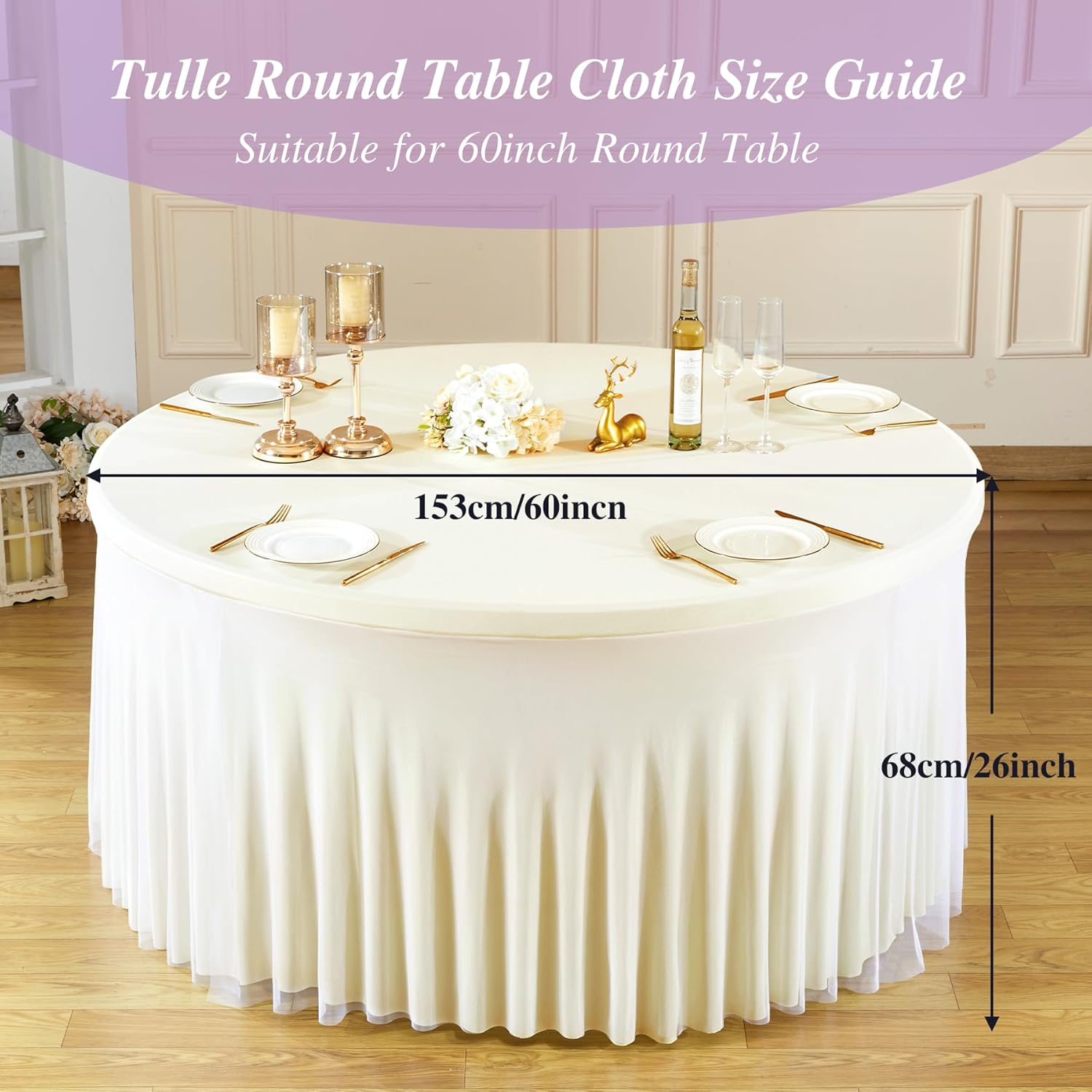 Wish Care Ivory Tulle Tablecloth 60 Inch Spandex Elastic Round Table Cloths Ruffle Tutu Skirt 5ft Wrinkle Free Stretch Fitted Round Table Cover for Bridal Shower Wedding Birthday Party Banquet Cake