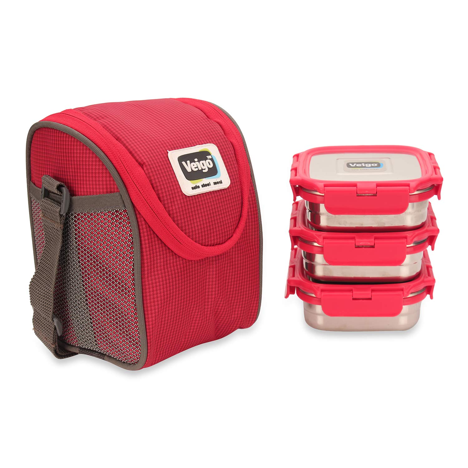 VeigoLock N Steel 100% Air Tight 3 Pcs Medium Container with Lunch Bag, Red