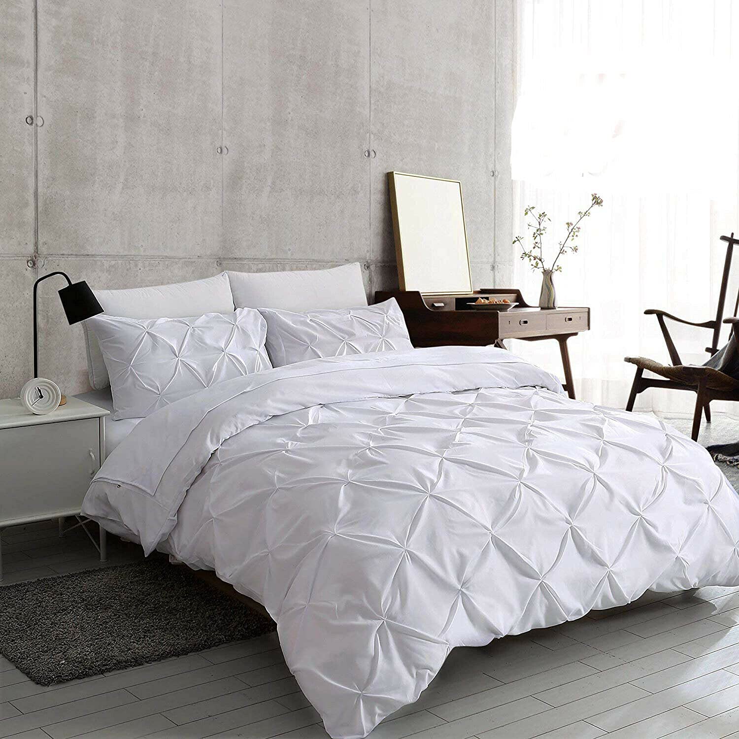 LJ Pinch Pleat Pintuck Diamonds Style Duvet Cover Sets Quilt Cover Sets Cotton Rich Alford Bedding Sets With Pillowcases (White, Single)