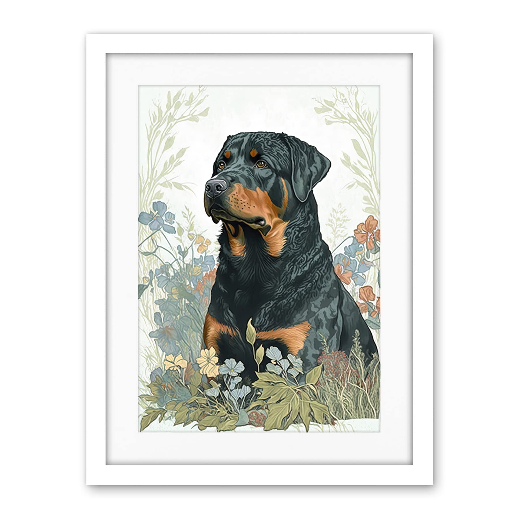 Artery8 Rottweiler Dog Sitting in Flower Field Modern Watercolour Illustration Artwork Framed Wall Art Print 18X24 Inch