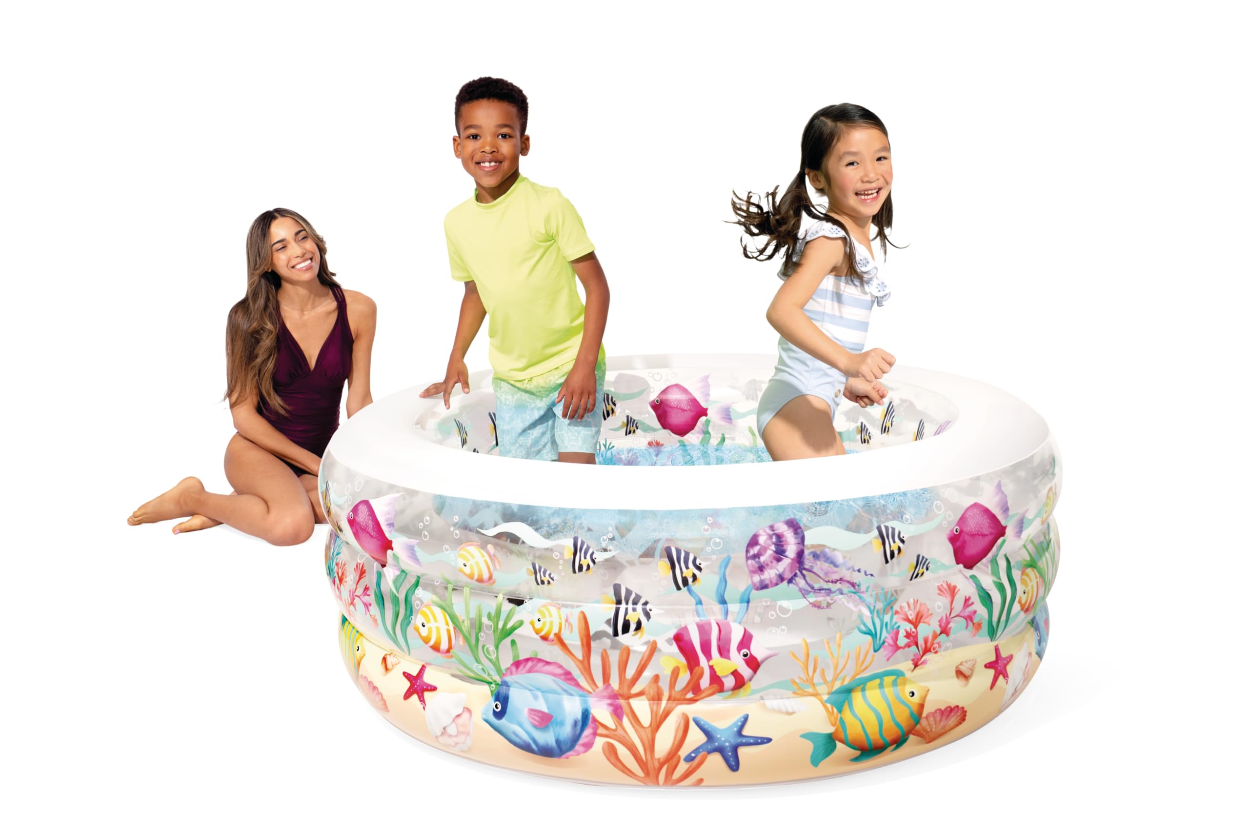 Intex Piscina Hinchable Redonda Infantil, Ø 152x56 cm, 360 litros, Suelo Hinchable, Diseño Animales Marinos, Tapón de desagüe, Juegos para niños, Vinilo Resistente, Parche Incluido, +6 años (58480)
