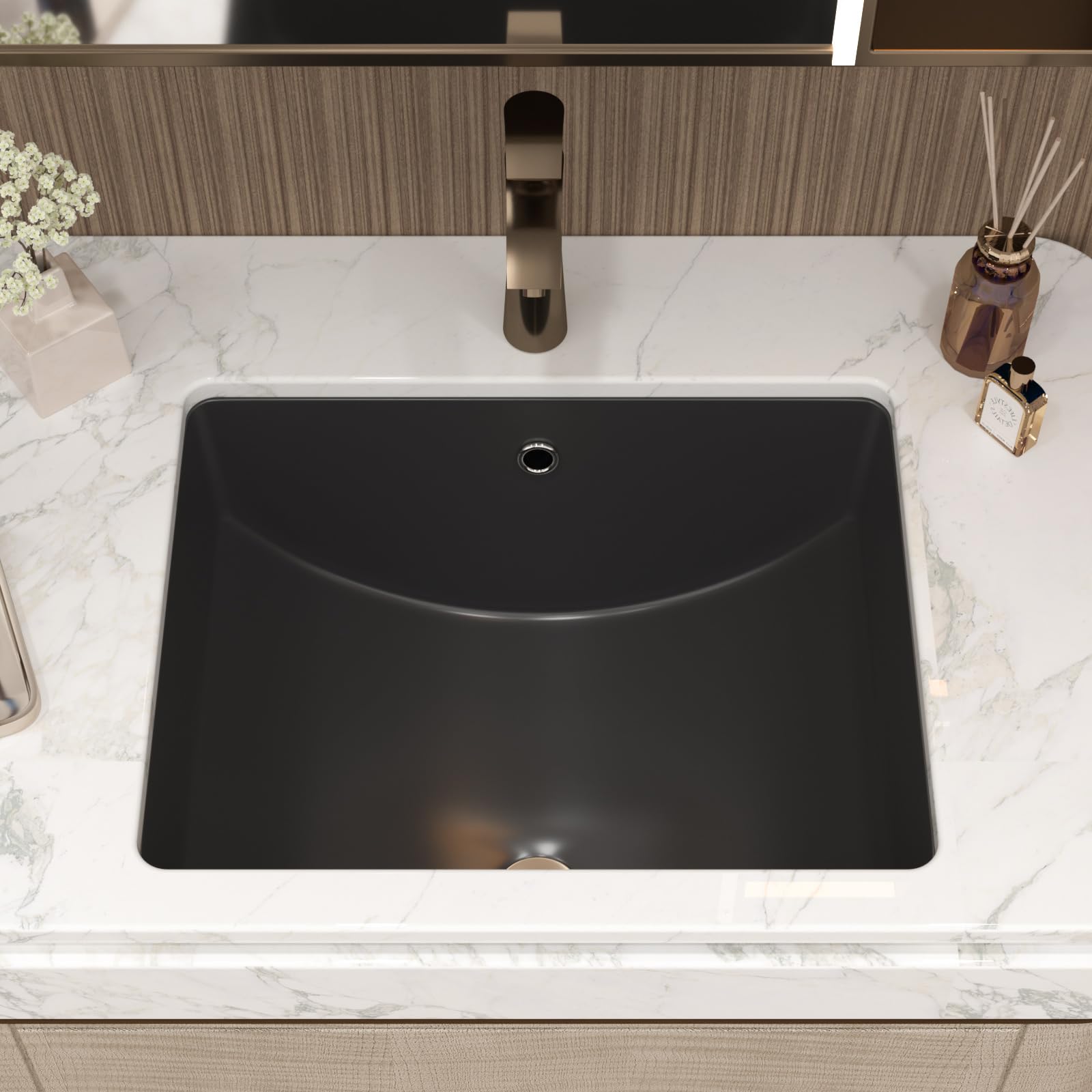 Fregadero de baño empotrado de 18 pulgadas de 18 x 14 pulgadas, rectangular, de cerámica, porcelana, bajo encimera, lavabo profundo con desbordamiento
