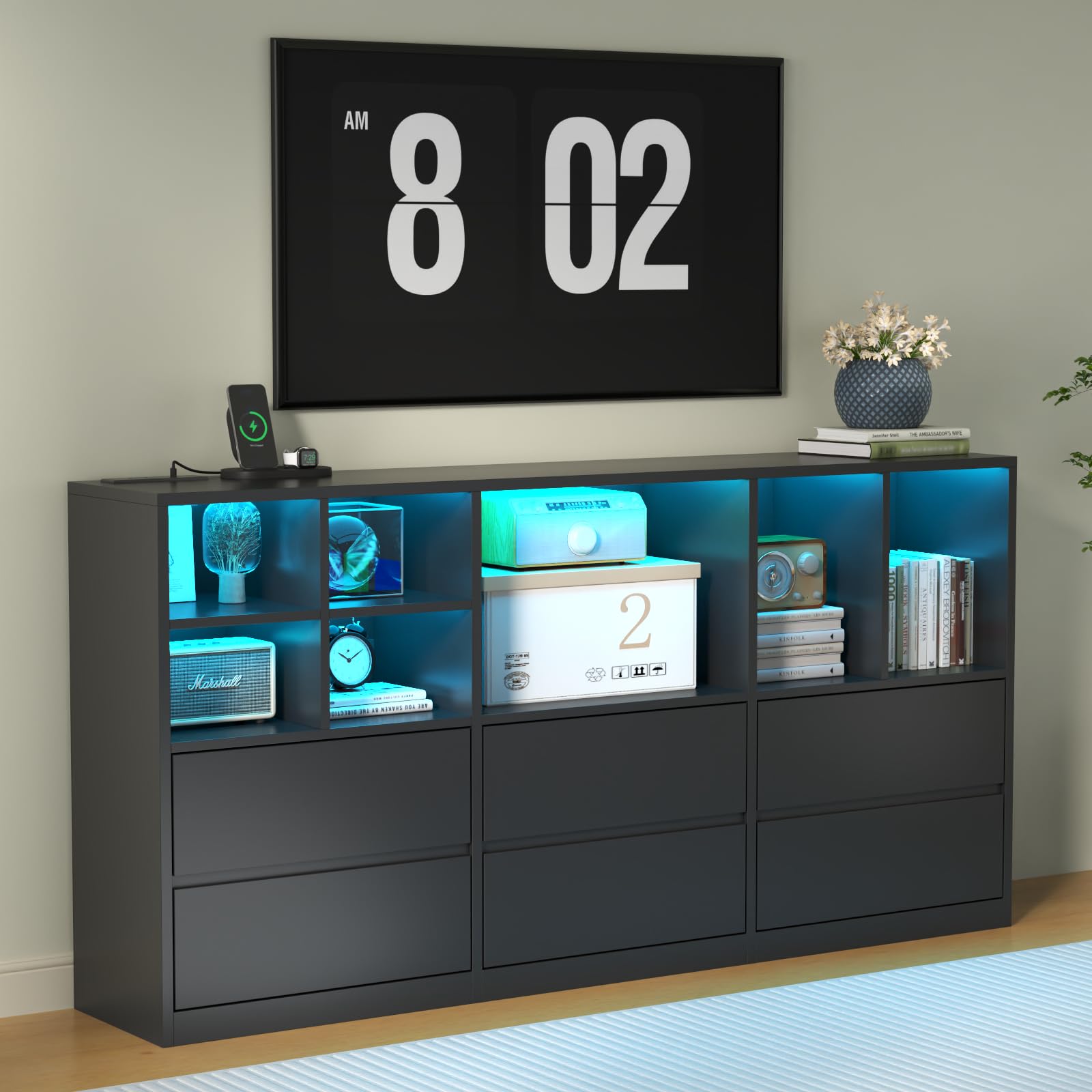 Modern TV Media Console with 6 Drawers & 7 Storage Cubbies, LED Lights & Power Outlet, 63" TV Cabinet with Adjustable Open Storage Shelf, for Living