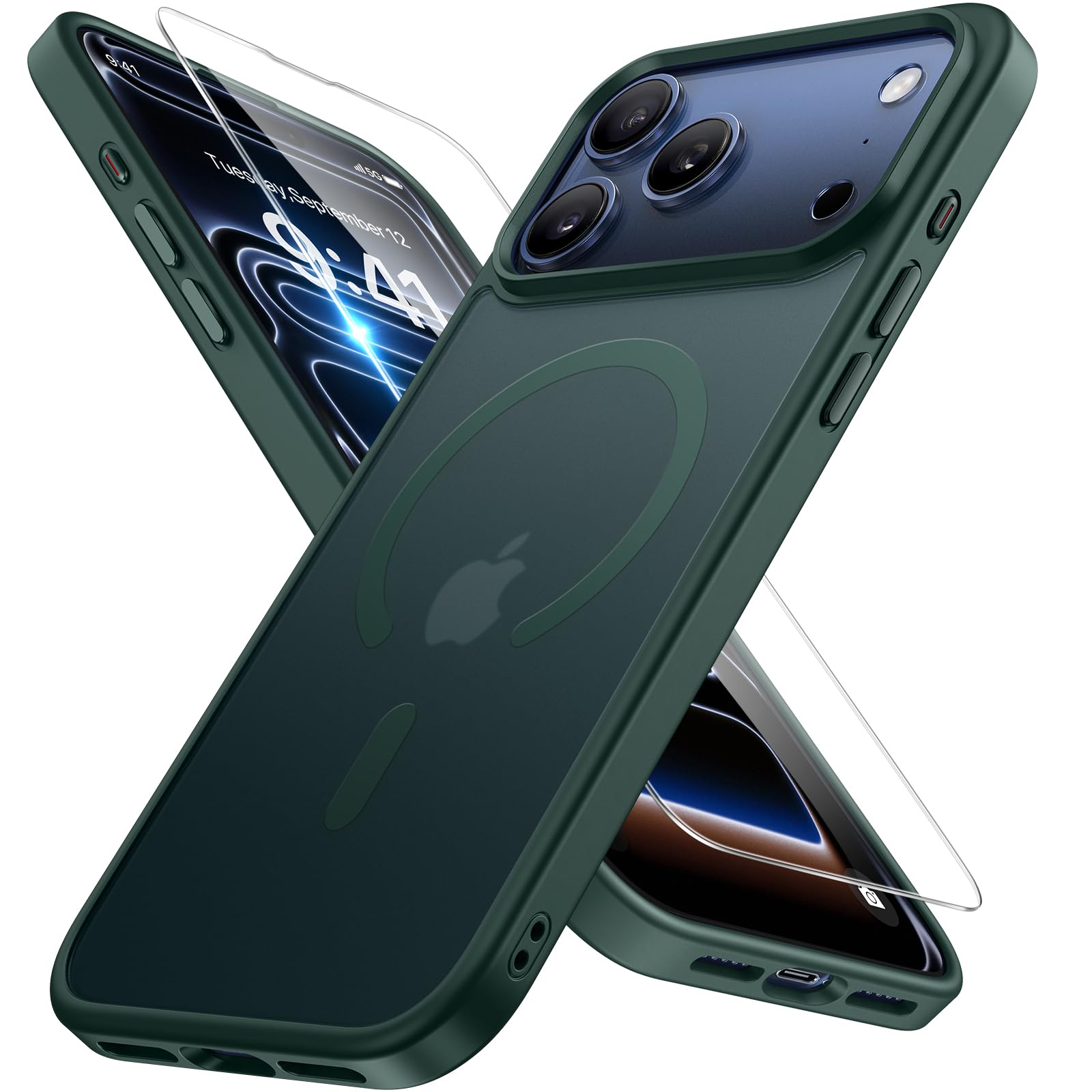 Miracase Magnetic for iPhone 17 Pro 6.3", [Compatible with MagSafe] Military-Grade Protection, Anti-Fingerprint, Slim Thin Phone Case for 17 Pro Cover with Screen Protector, Dark Green