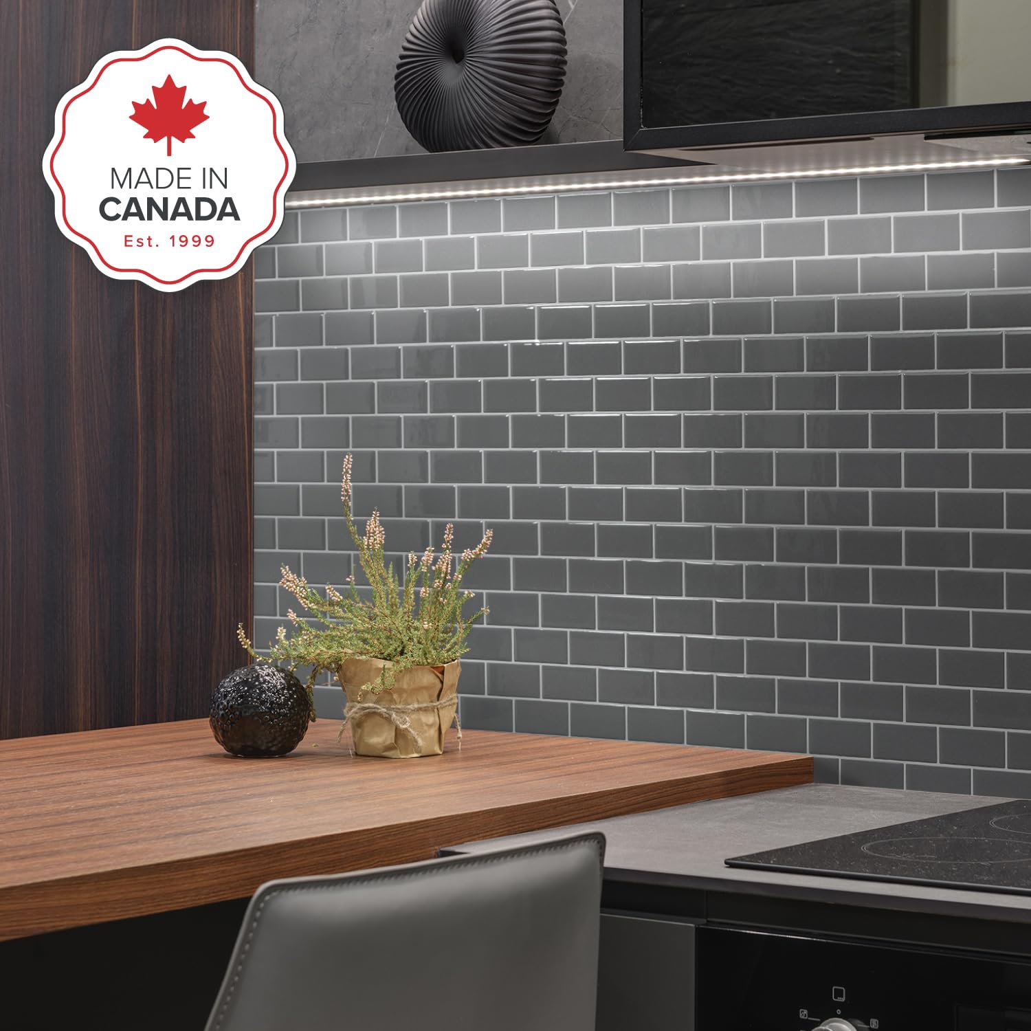 Smart Tiles Płytki Samoprzylepne, Metro Szarość Łupkowa, 27,81x24,64 cm | Zestaw 10 szt. (0,58 m²), Błyszczące, Odporne na ciepło/wilgoć, Niski VOC, Kuchnia/Łazienka, Dla najemców, Made in Canada