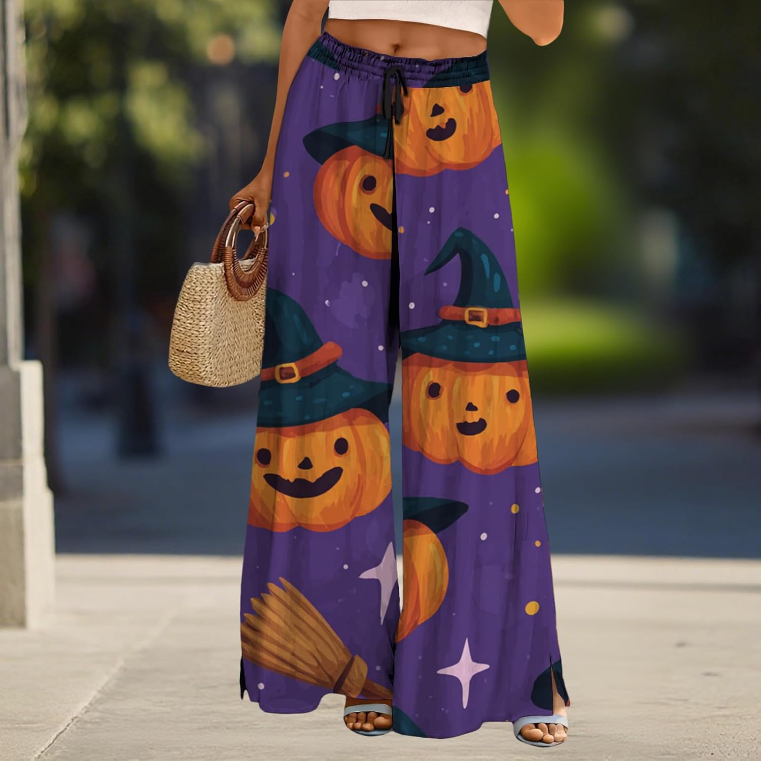 Halloween Pants Women Drawstring Elastic Waist Wide Leg Pants Ladies Pumpkin Ghost Pajama Vintage Street Wear - Image 2
