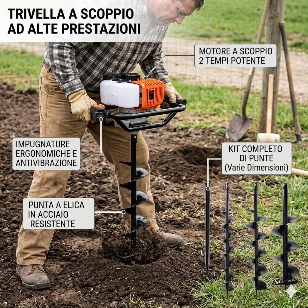Trivella a Scoppio Mototrivella Professionale 52cc - Con 3 Punte da 100, 150, 200mm - Ideale per Pali da Recinzione, Giardinaggio, Bricolage e Costruzioni