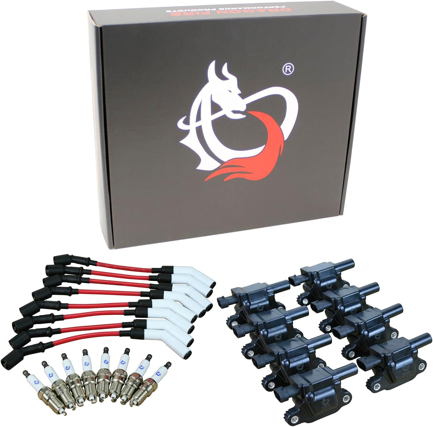 AIP Electronics Dragon FIRE Performance Power Pack Ignition Coils Iridium Spark Plugs & 12" Ceramic Spark Plug Wires Compatible with 2014-2021 Cadillac Chevy & GMC 5.3L 6.2L 6.6L V8 OEM Fit Kit-1298