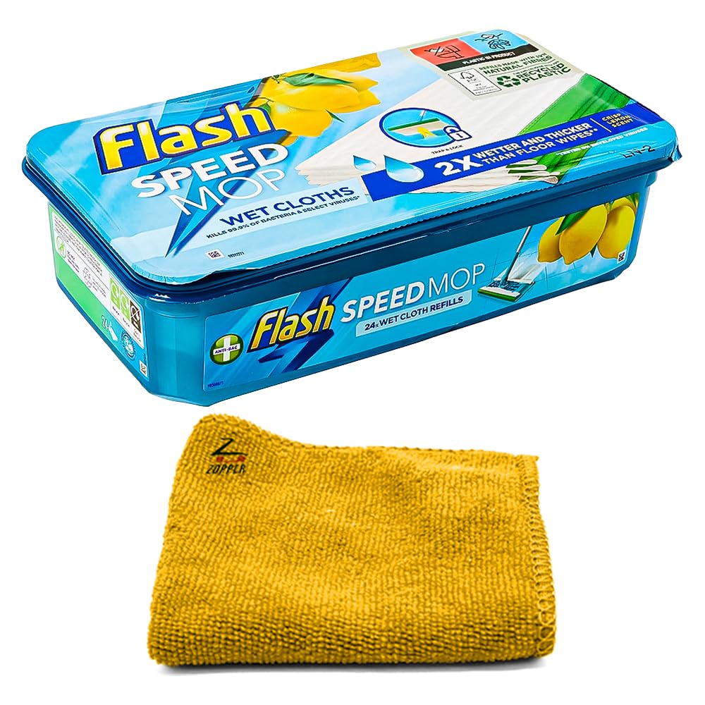 Zopper Yellow Flash Speed Mop Refills Wipes 24 Wet Cloth Wipes Lemon Scent With Microfiber Cloth Floor Cleaner Mop, Lemon Anti-Bac Household Wet & Dry Hygiene Mops