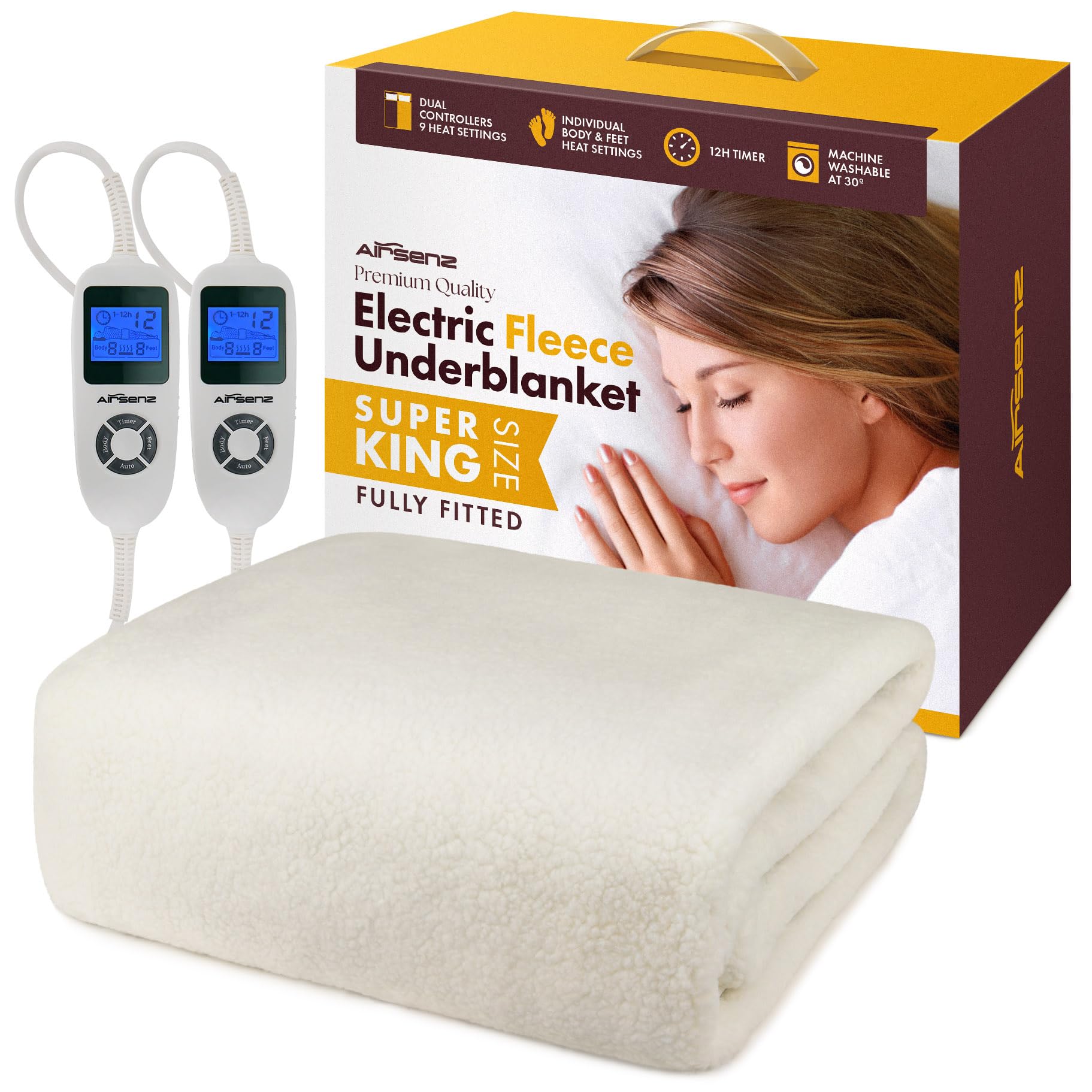 AIRSENZ Fully Fitted Fleece Super King Size Electric Blanket With Dual Controls - Deep Elasticated Skirt - Fits like a Fitted Sheet - 9 Heat Settings - Unique Body and Feet Settings - 12 Hour Timer