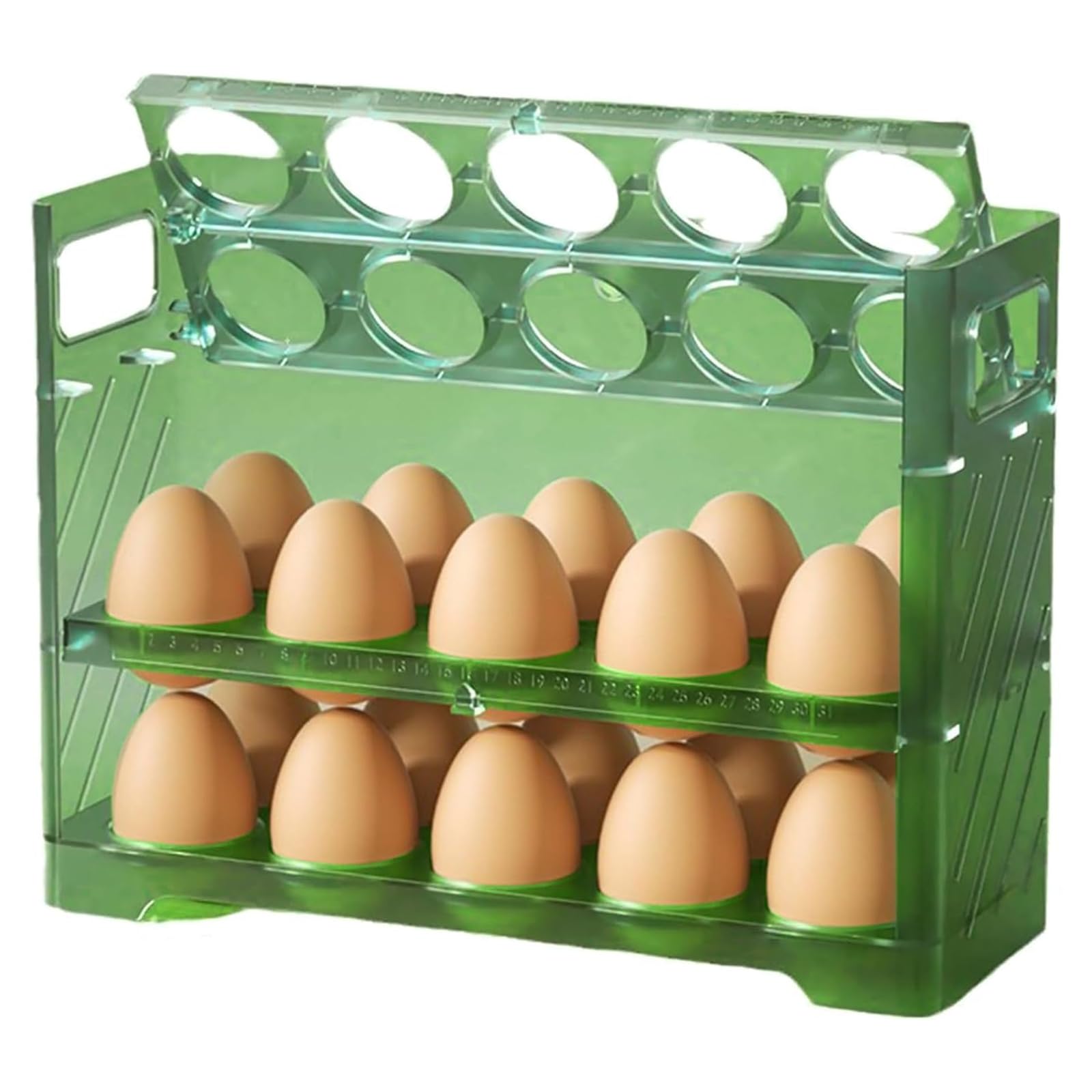 3 Layer Fridge Timing Egg Holder Plastic 30 Eggs,Trays Egg Organizer Box Egg Storage Box Refrigerator Egg Container Portable Egg Case Protect Keep Fresh (Green)