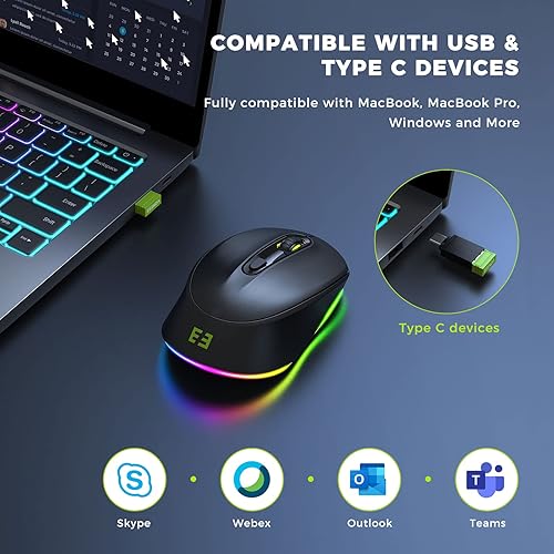 Miniatura 2 de seenda Ratón inalámbrico USB C para MacBook, 2 en 1 Mouse Jiggler Mover, recargable con LED arcoíris, dispositivo móvil de mouse indetectable para