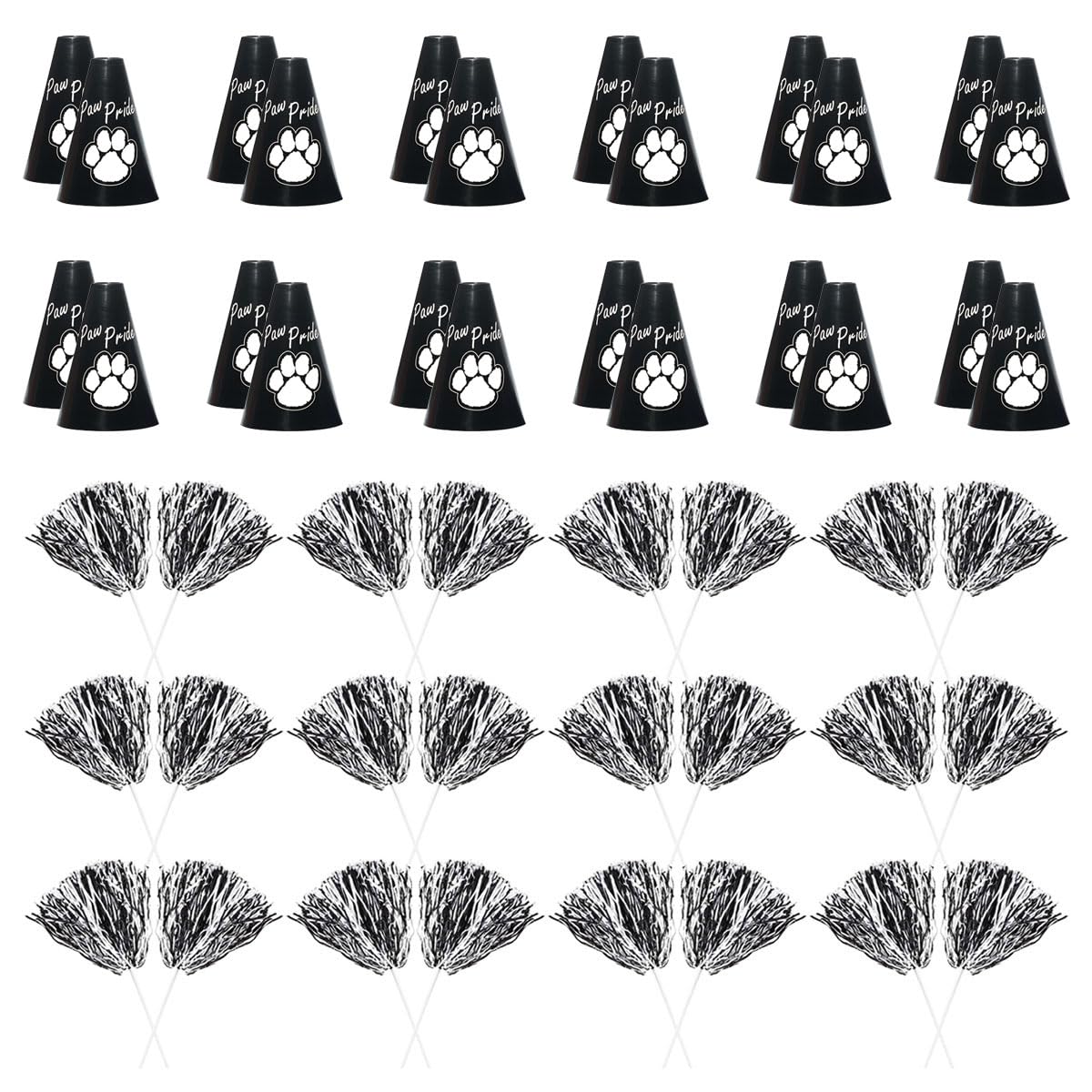 Anderson's Exclusive Black and White Paw Pride Shaker Pom Poms Megaphone Noisemaker Set School Spirit Cheerleader Sports Fan Football Homecoming Squad Team Party Dance Club Pack of 48