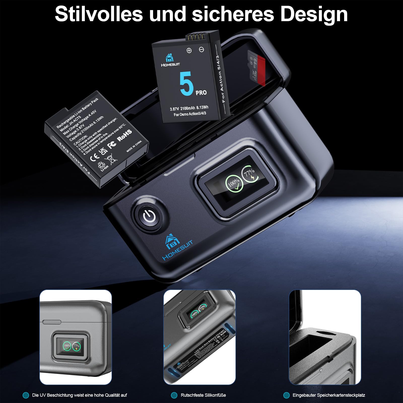 Homesuit Osmo Action 6 5 Pro 4 3 Akku 2100mAh und 18W Dual USB LCD Ladegerät Kit für DJI OsmoAction6 / OsmoAction5Pro / OsmoAction4 / OsmoAction3 (2er-Pack)