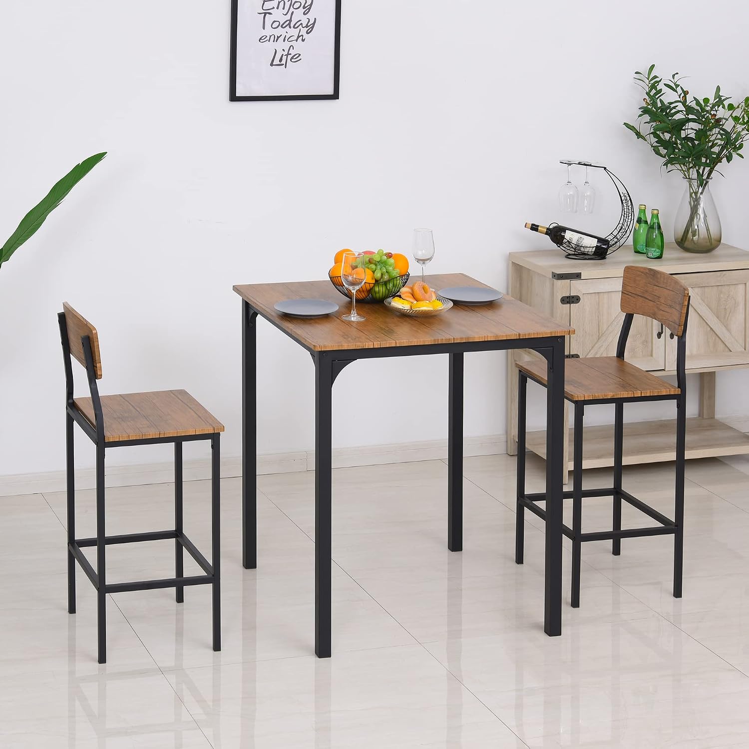 HOMCOM 3 Piece Industrial Counter Height Dining Table Set, Bar Table & Chairs with Steel Legs & Footrests, Black