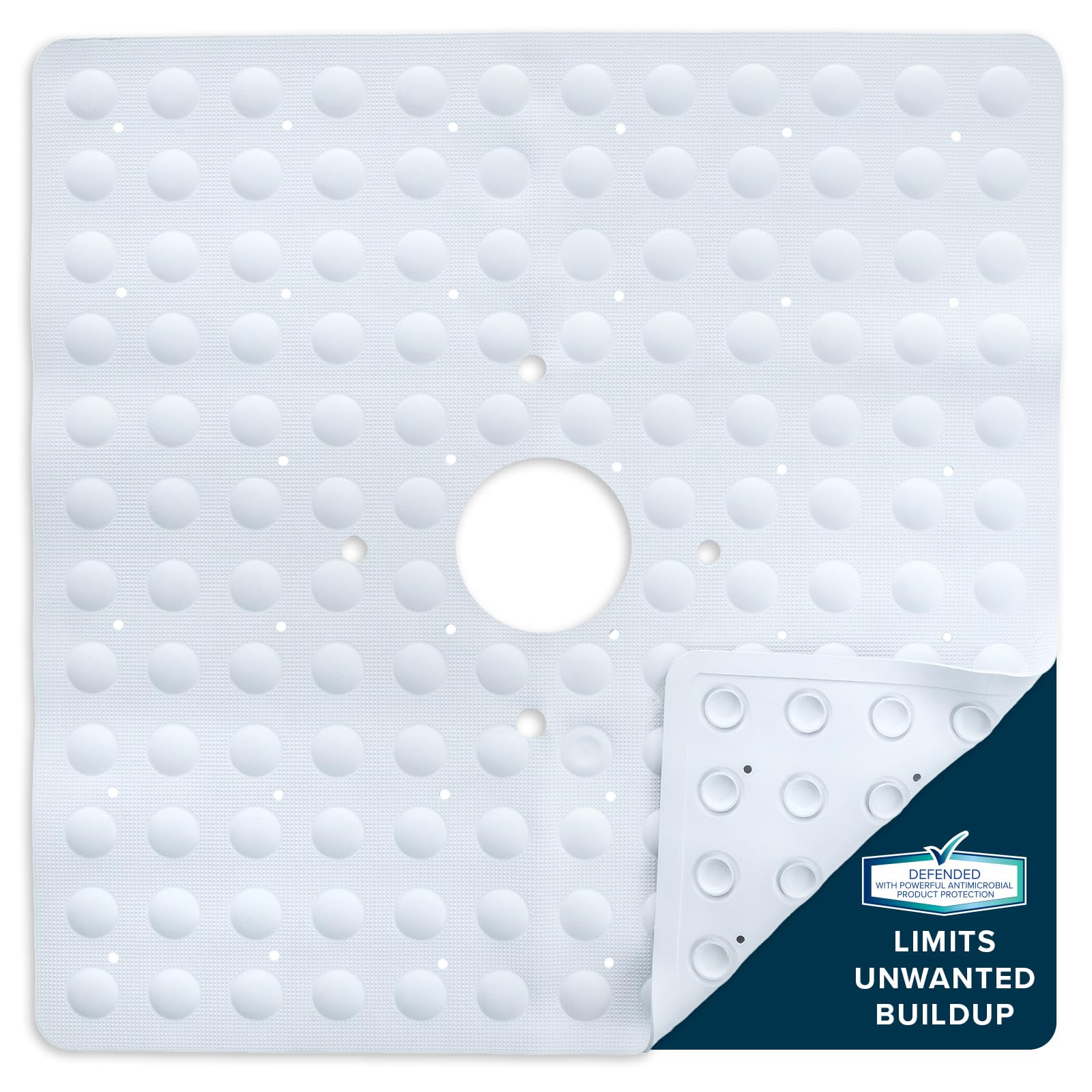 SlipX Solutions Square Natural Rubber Shower Stall Mat, 21” x 21”, Non Slip Safety, Built-in Product Protection, 140 Power Grip Suction Cups, Center Drain Hole, White